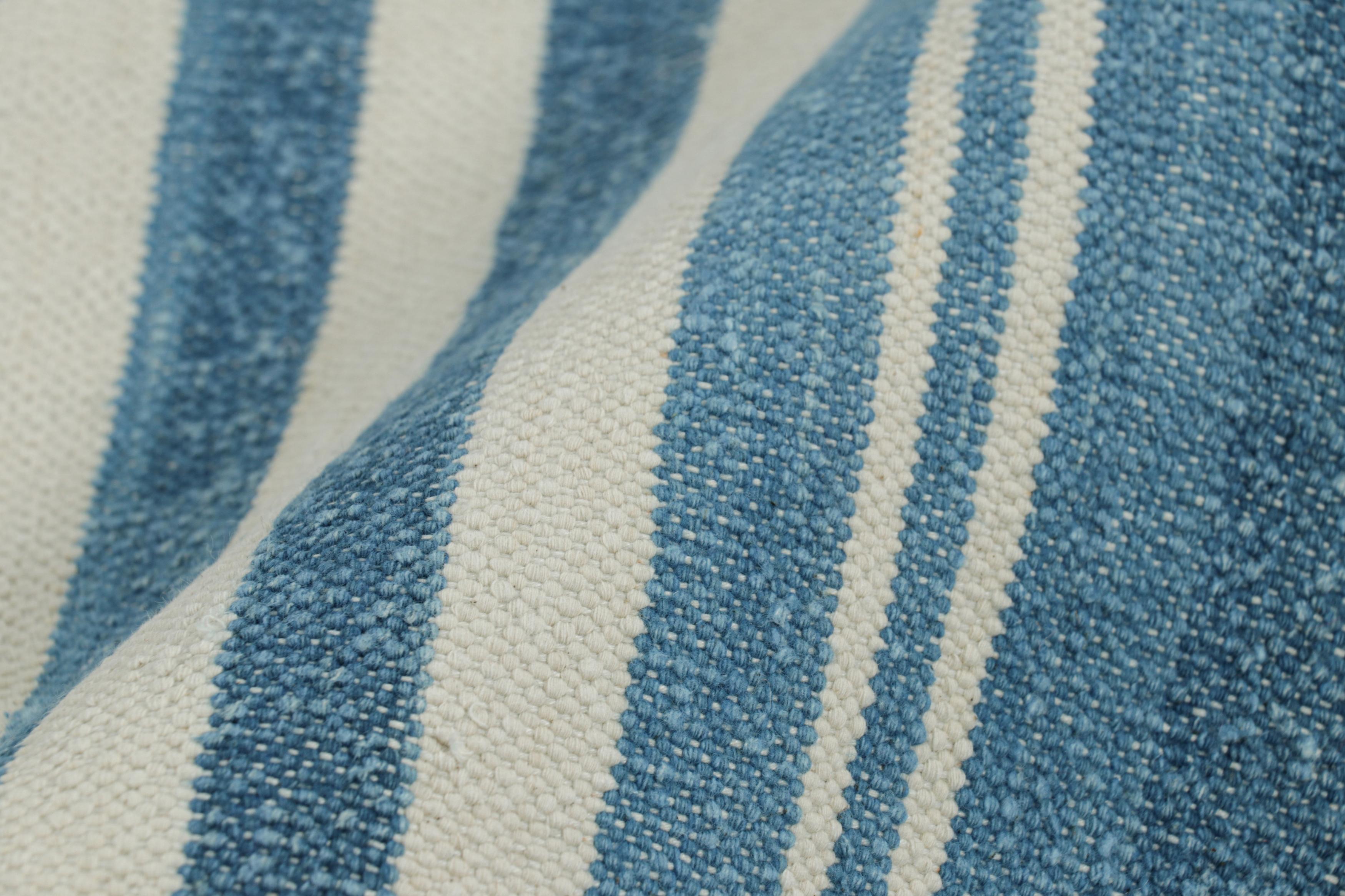 Cotton Rug & Kilim’s Contemporary Dhurrie Rug in Blue and White Stripes For Sale