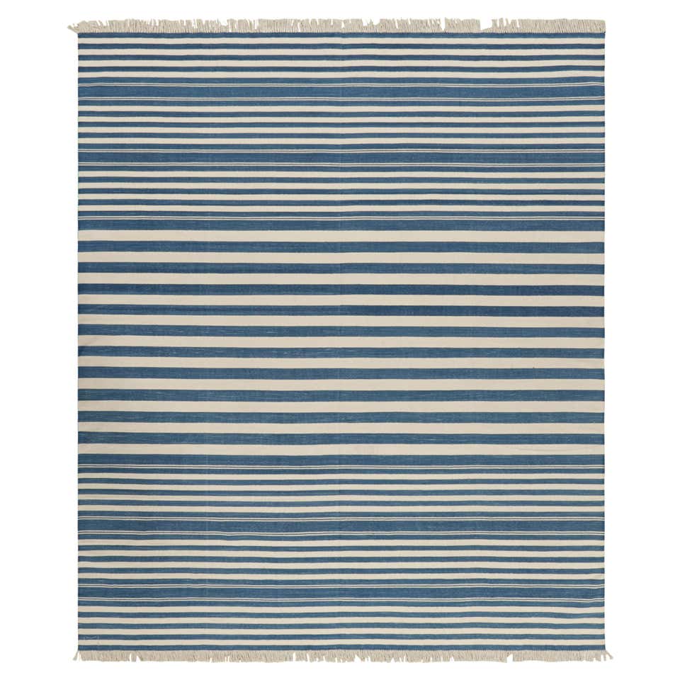 Rug and Kilim’s Contemporary Dhurrie Rug in Blue Stripes For Sale at ...