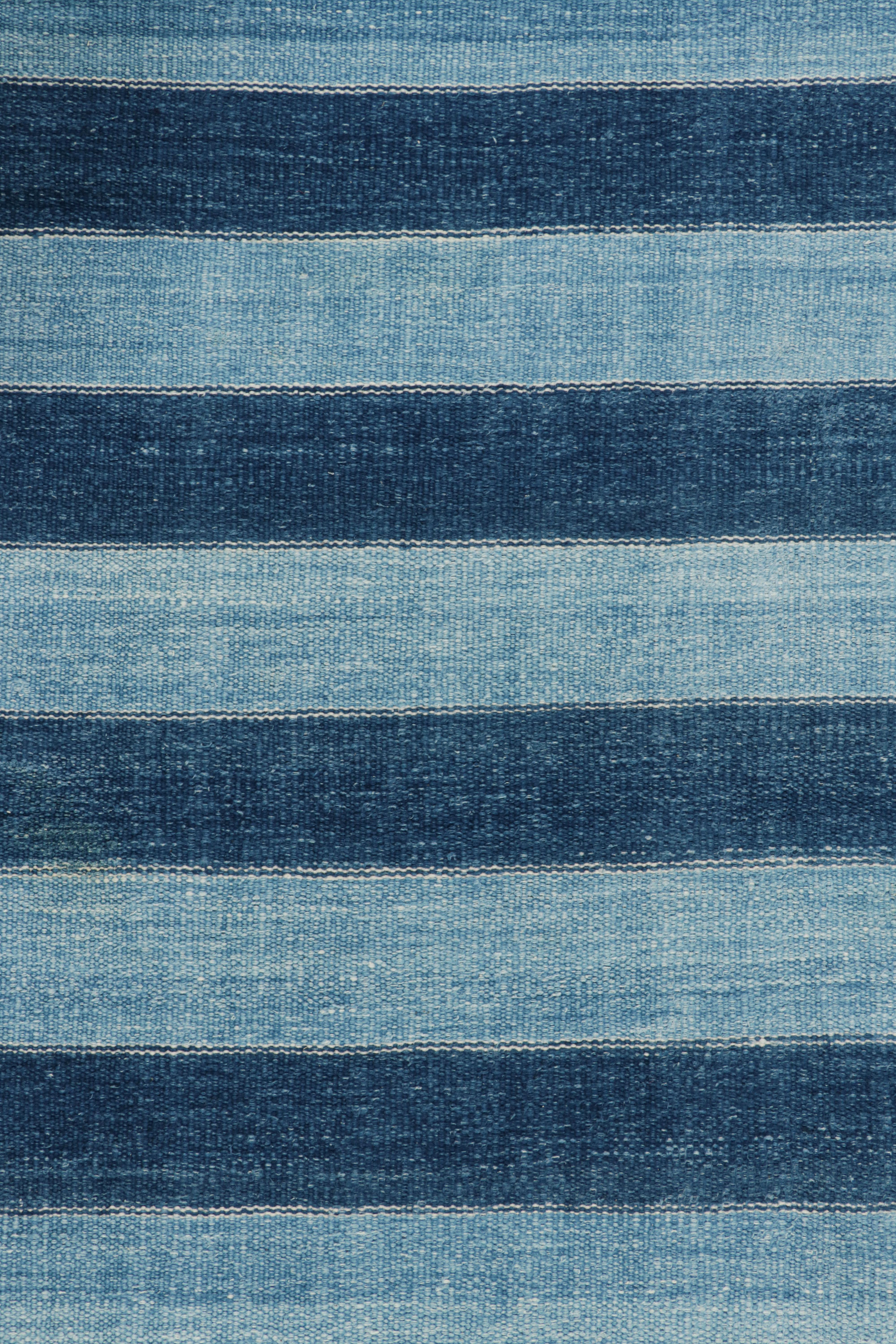 Modern Rug & Kilim’s Contemporary Dhurrie Rug in Blue Stripes For Sale