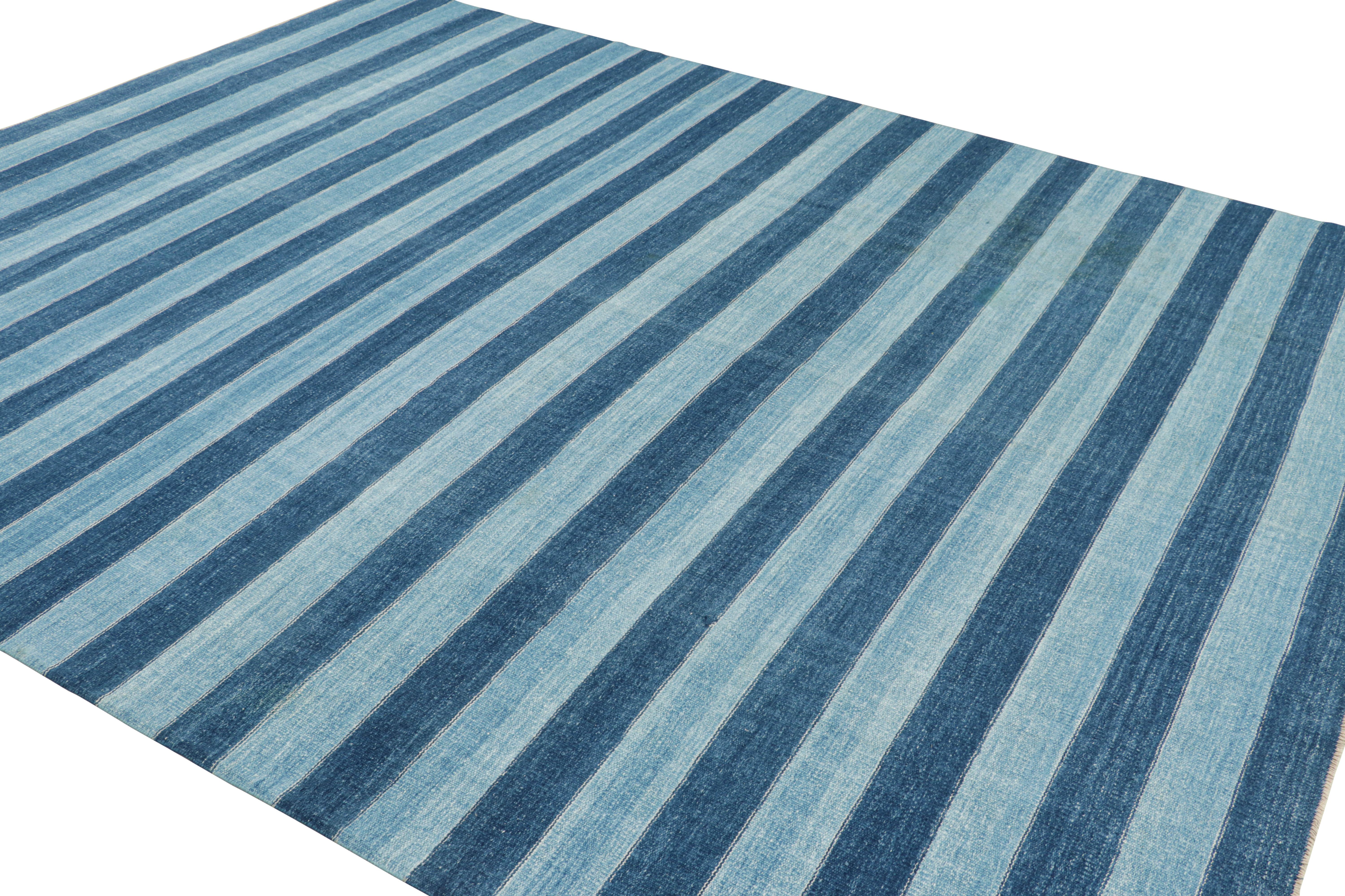Indian Rug & Kilim’s Contemporary Dhurrie Rug in Blue Stripes  For Sale