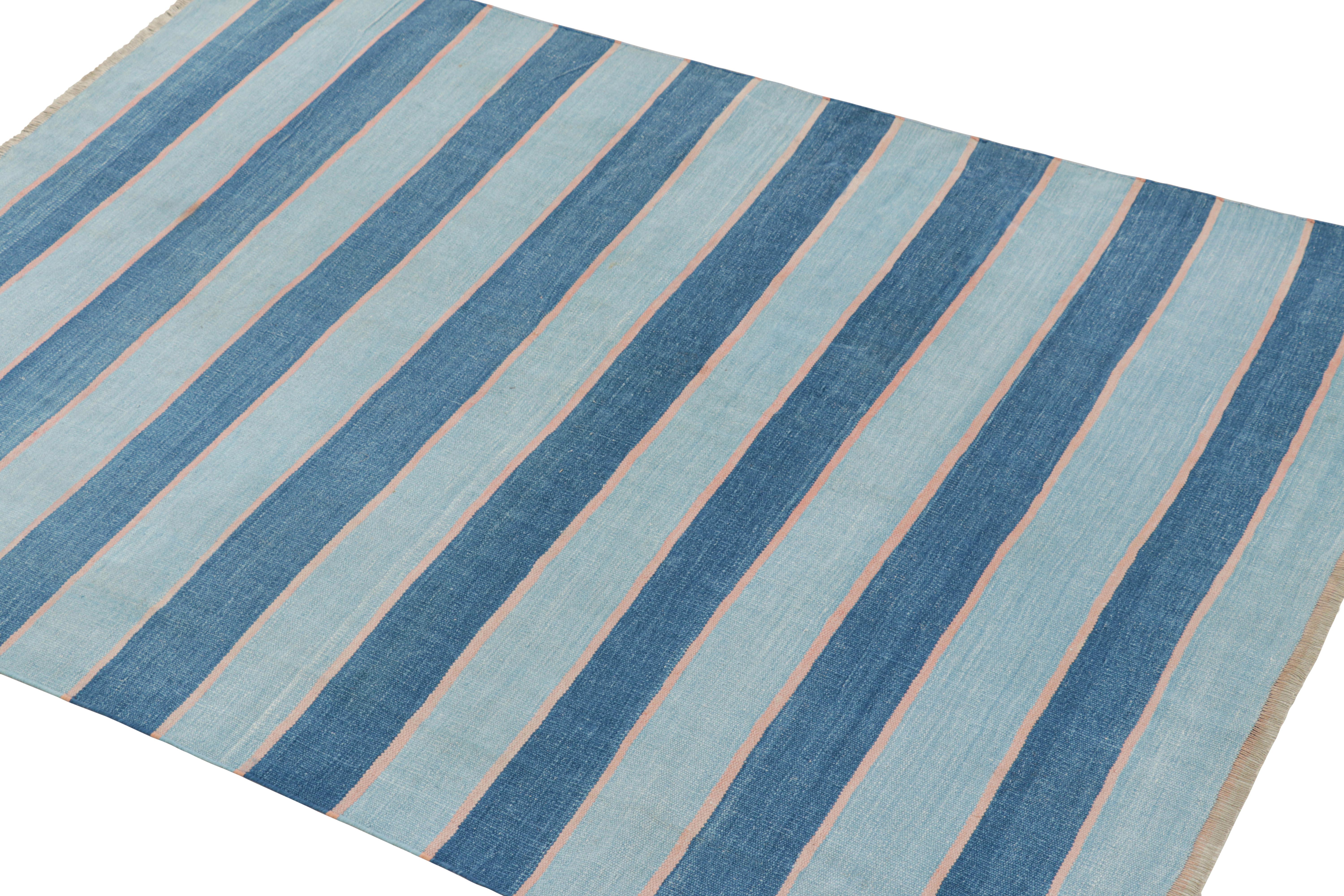 Indian Rug & Kilim’s Contemporary Dhurrie Rug in Blue Stripes For Sale