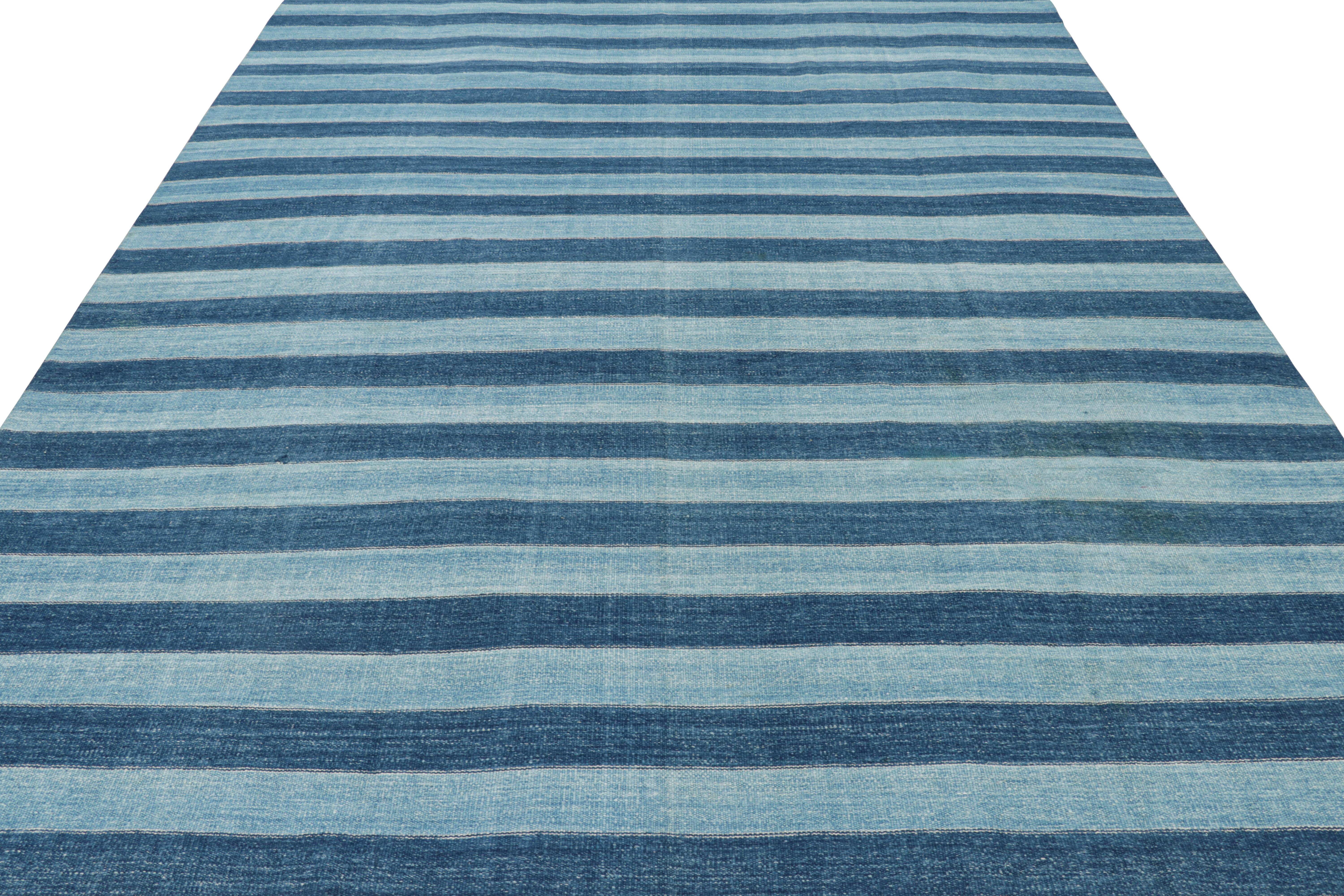 Hand-Woven Rug & Kilim’s Contemporary Dhurrie Rug in Blue Stripes For Sale