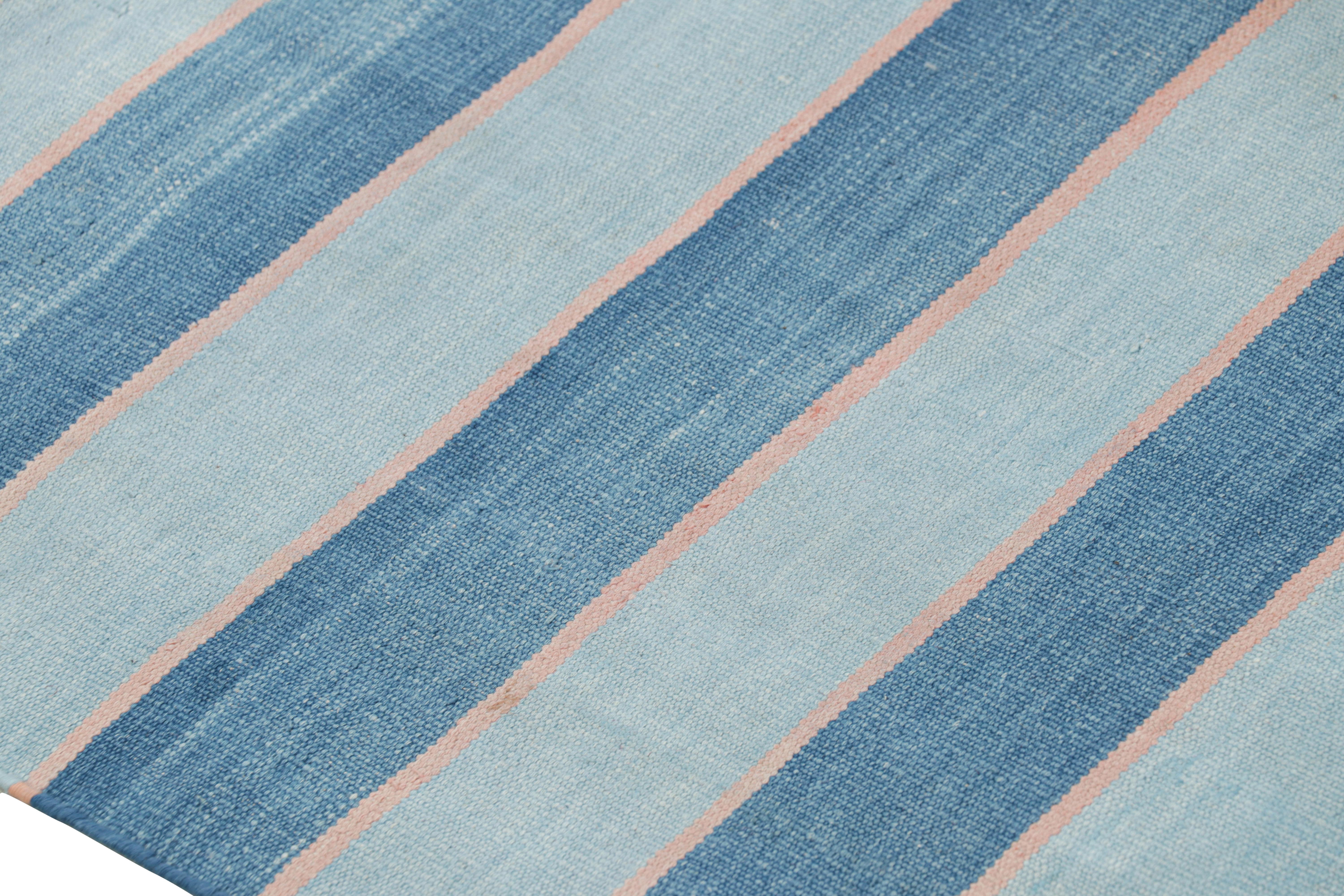 Rug & Kilim’s Contemporary Dhurrie Rug in Blue Stripes In New Condition For Sale In Long Island City, NY