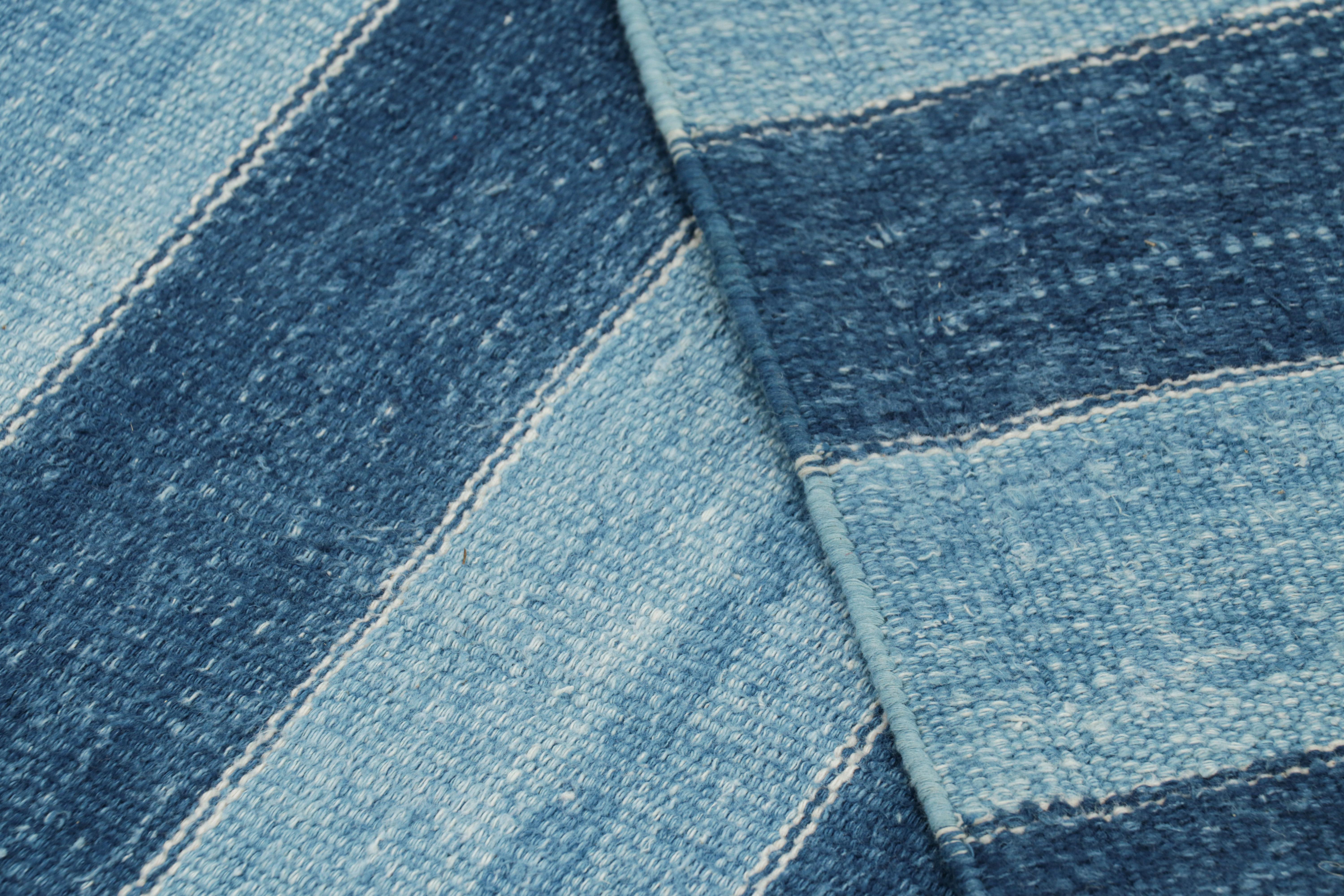 Cotton Rug & Kilim’s Contemporary Dhurrie Rug in Blue Stripes For Sale