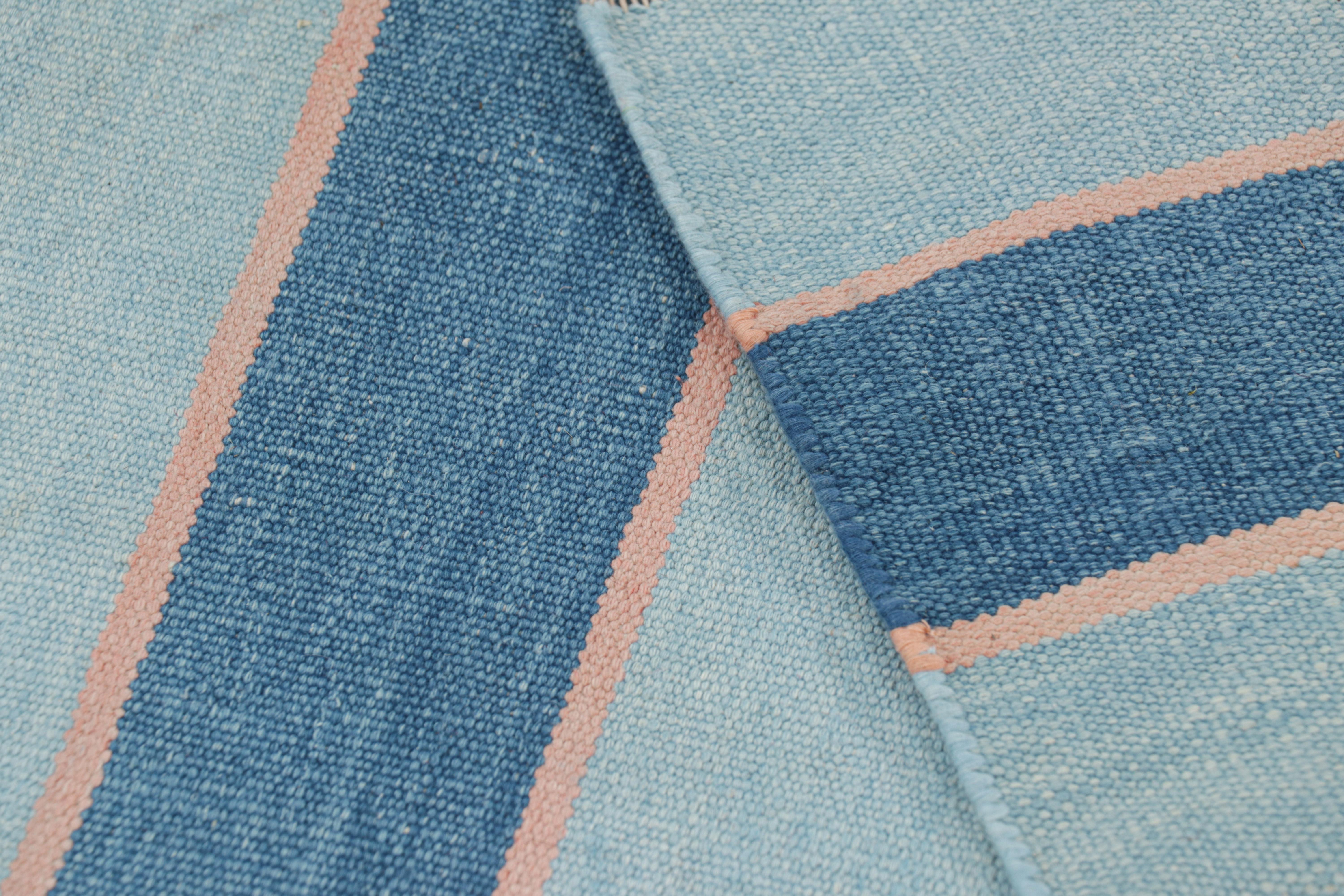 Cotton Rug & Kilim’s Contemporary Dhurrie Rug in Blue Stripes For Sale