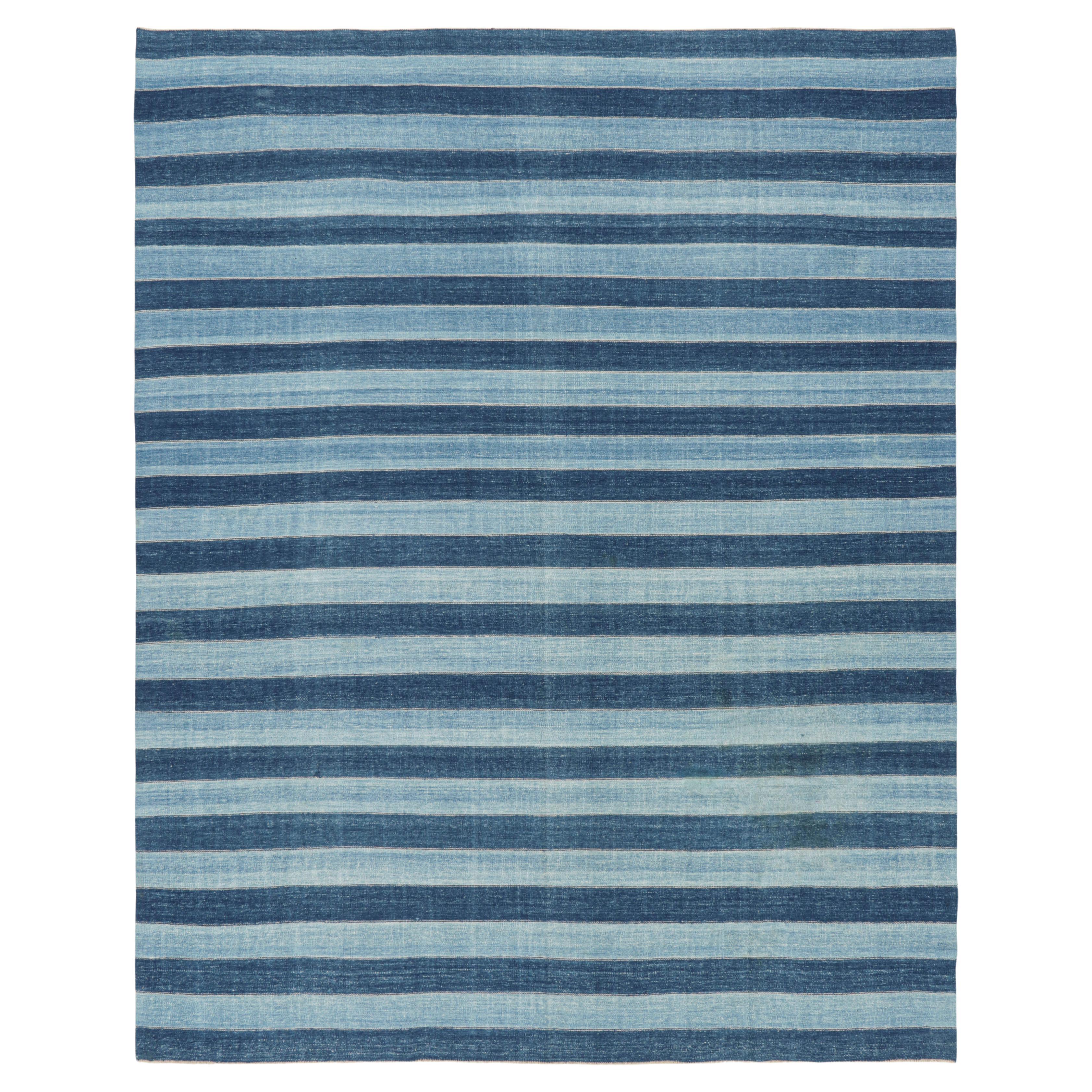 Rug & Kilim’s Contemporary Dhurrie Rug in Blue Stripes  For Sale