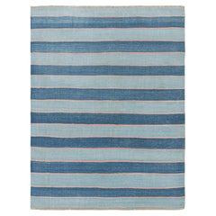 Alfombra Dhurrie Contemporánea de Rayas Azules de Rug & Kilim