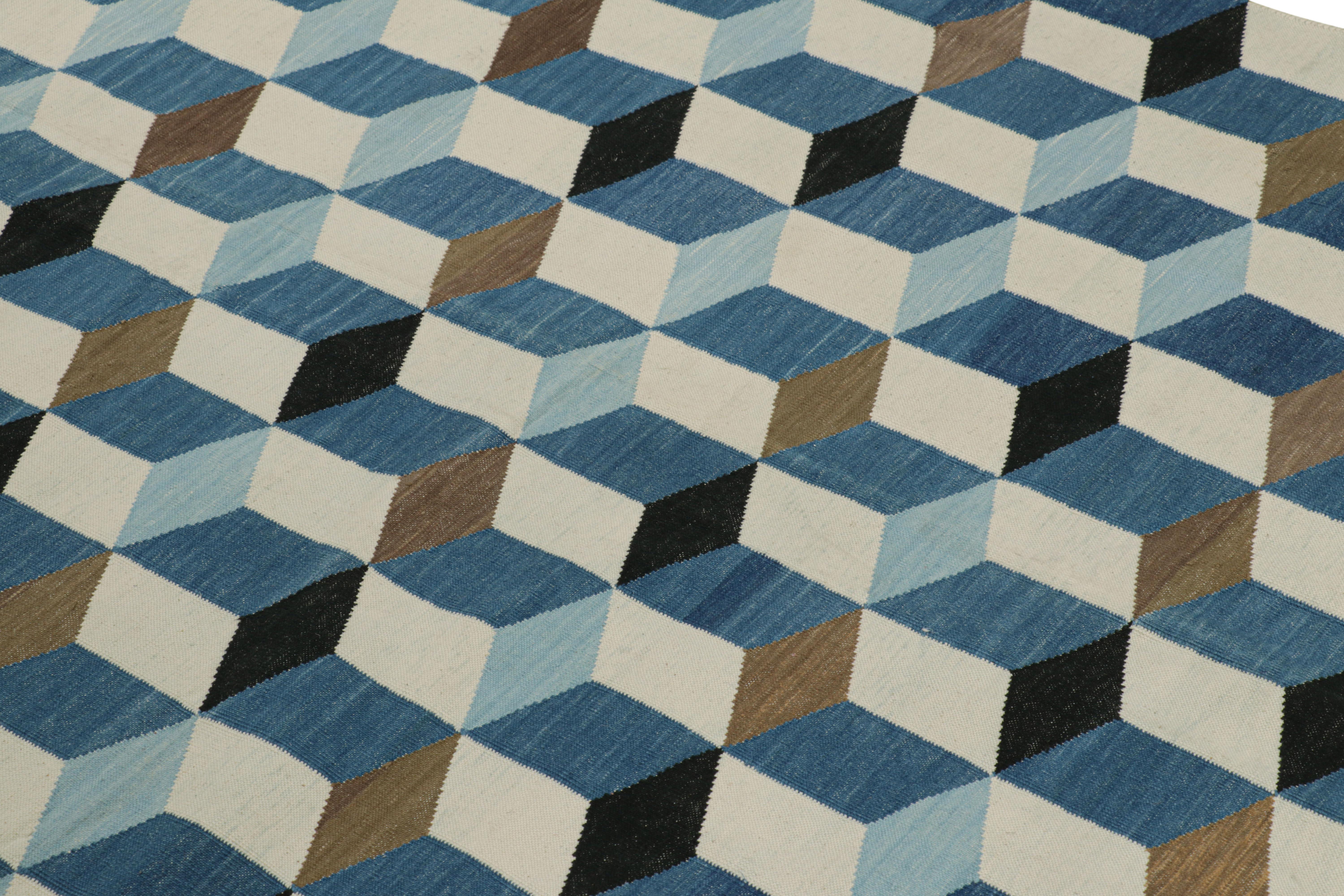 Dieses moderne 4x6 Dhurrie-Flachgewebe ist ein aufregender Neuzugang in der geschätzten Kollektion von Rug & Kilim, die nach Maß gefertigt wird. Es handelt sich um eine moderne Interpretation antiker und alter Dhurrie-Flachgewebe, die von einem der