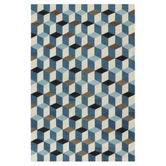 Tapis Dhurrie Contemporary de Rug & Kilim à motifs géométriques cubistes bleus et blancs