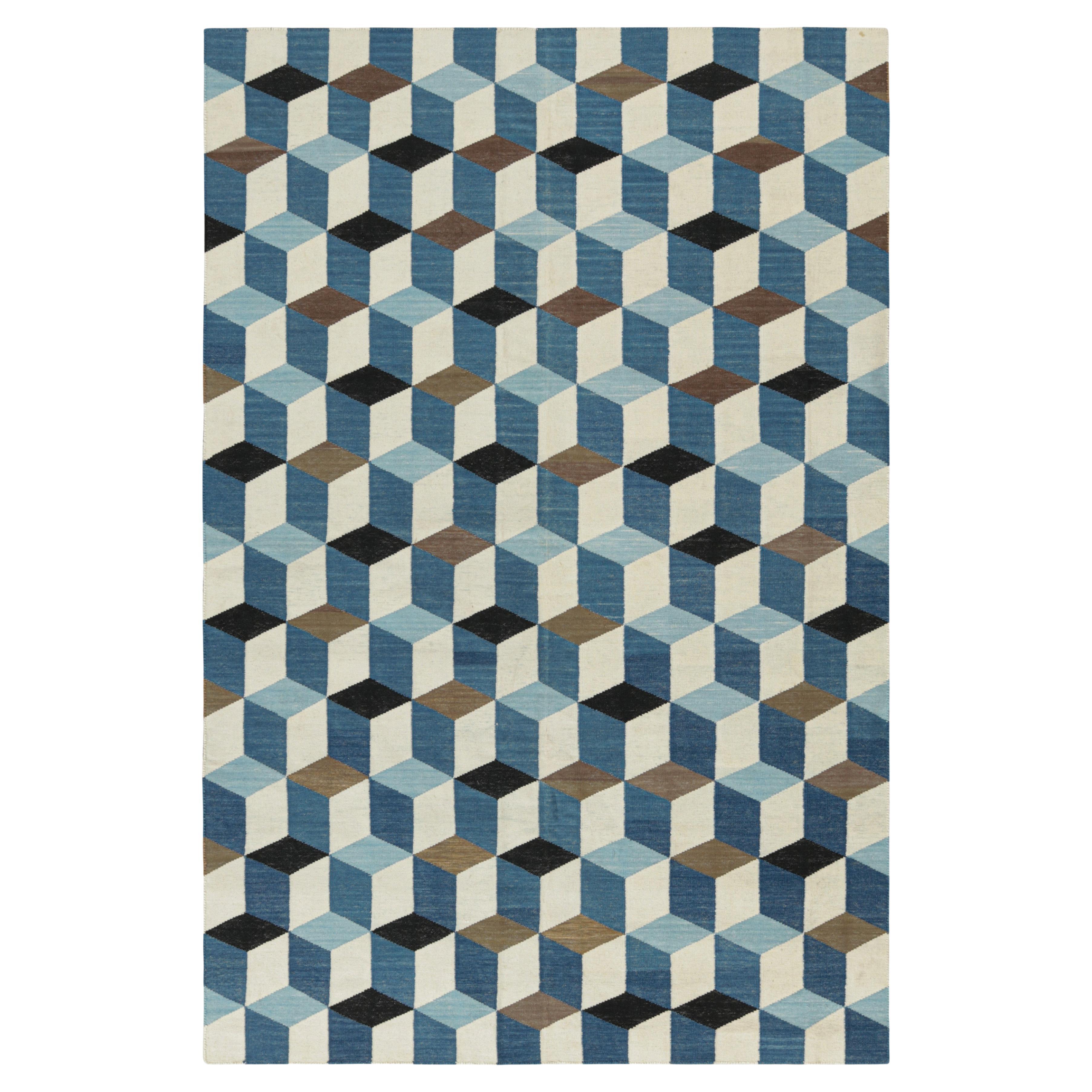 Rug
Kilim
s Contemporary Dhurrie-Teppich in Blau und Weiß mit kubistischen geometrischen Mustern