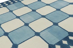 Rug & Kilim’s Contemporary Dhurrie Rug in Blue & White Geometric Square Patterns