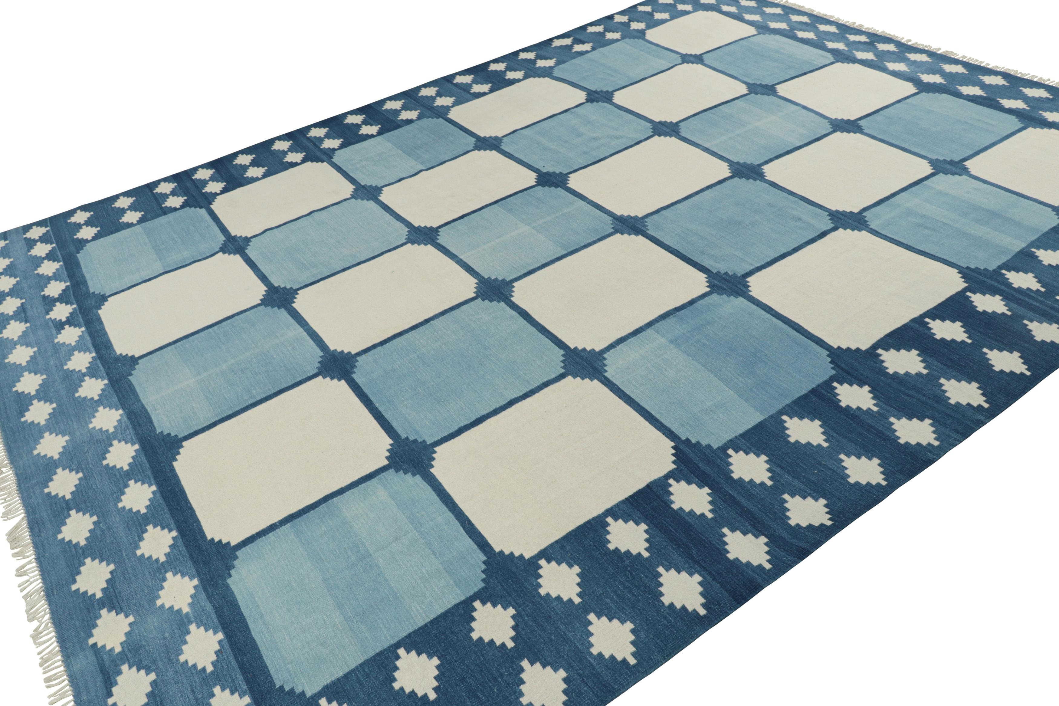 Indian Rug & Kilim’s Contemporary Dhurrie Rug in Blue & White Geometric Square Patterns For Sale