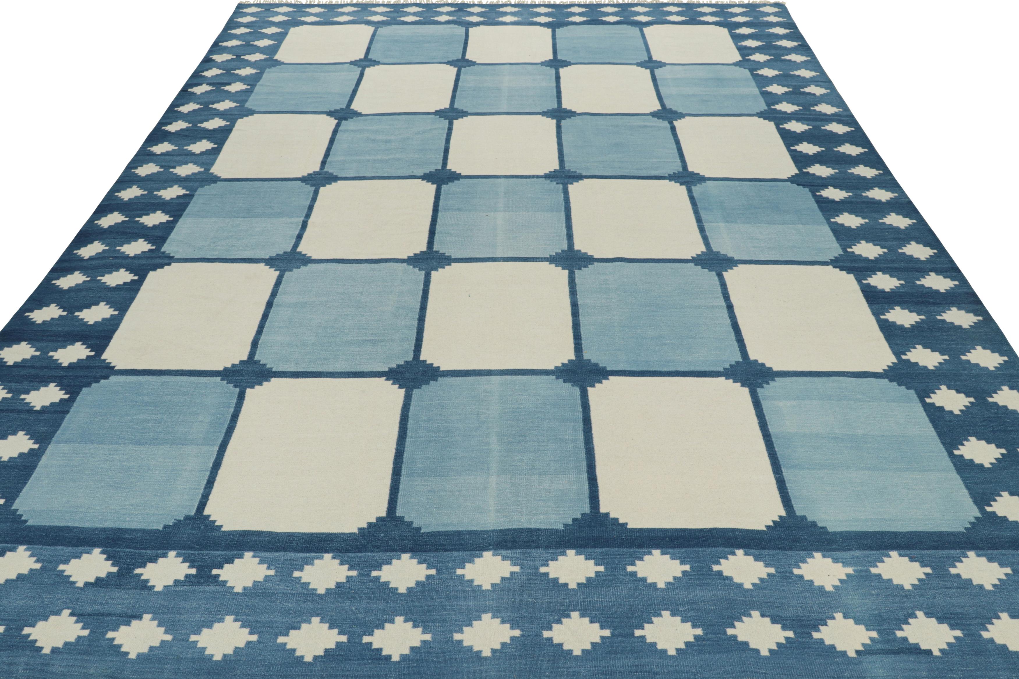 Hand-Woven Rug & Kilim’s Contemporary Dhurrie Rug in Blue & White Geometric Square Patterns For Sale