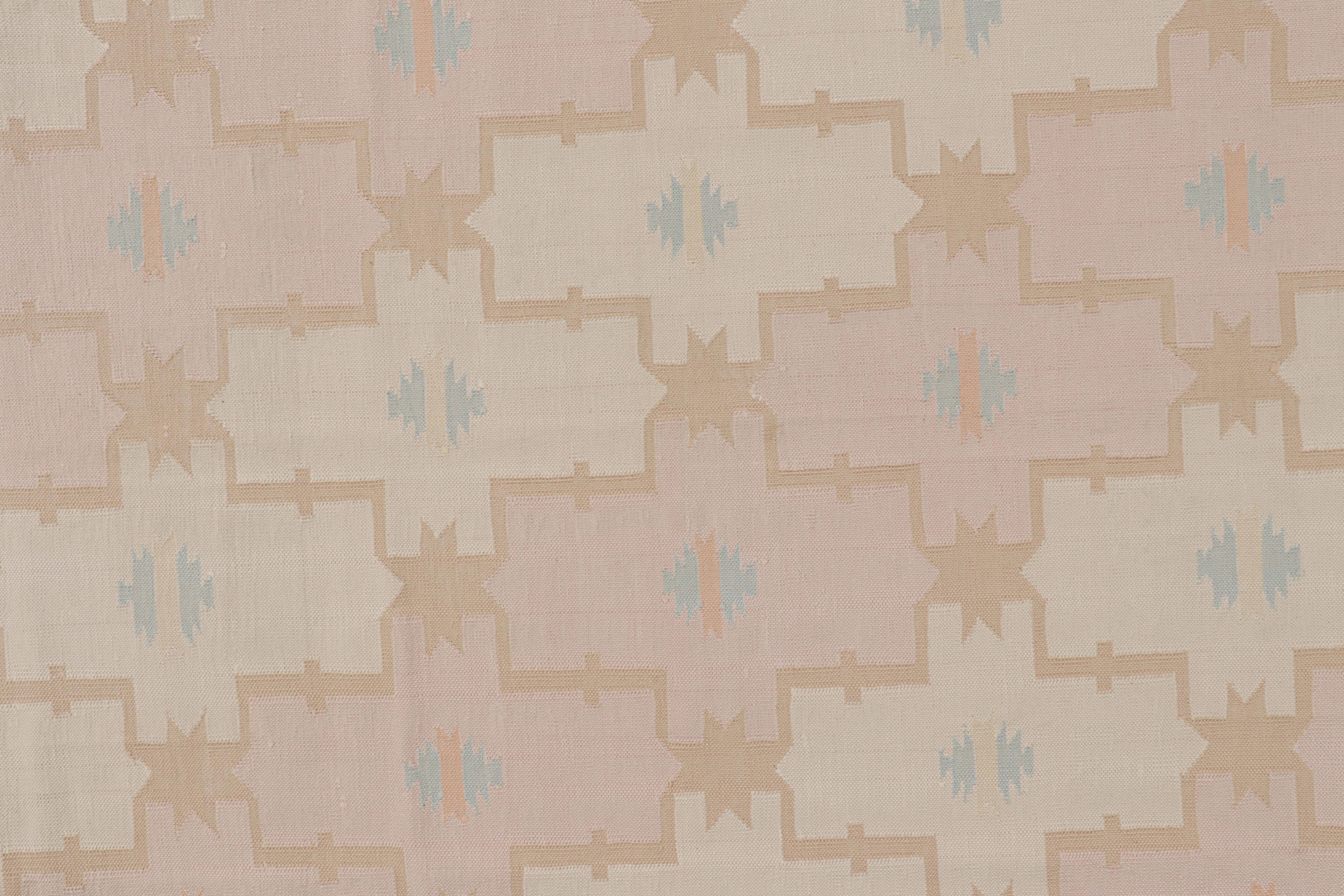 Indian Rug & Kilim’s Contemporary Dhurrie Rug in Blue, White & Pink Geometric Patterns For Sale