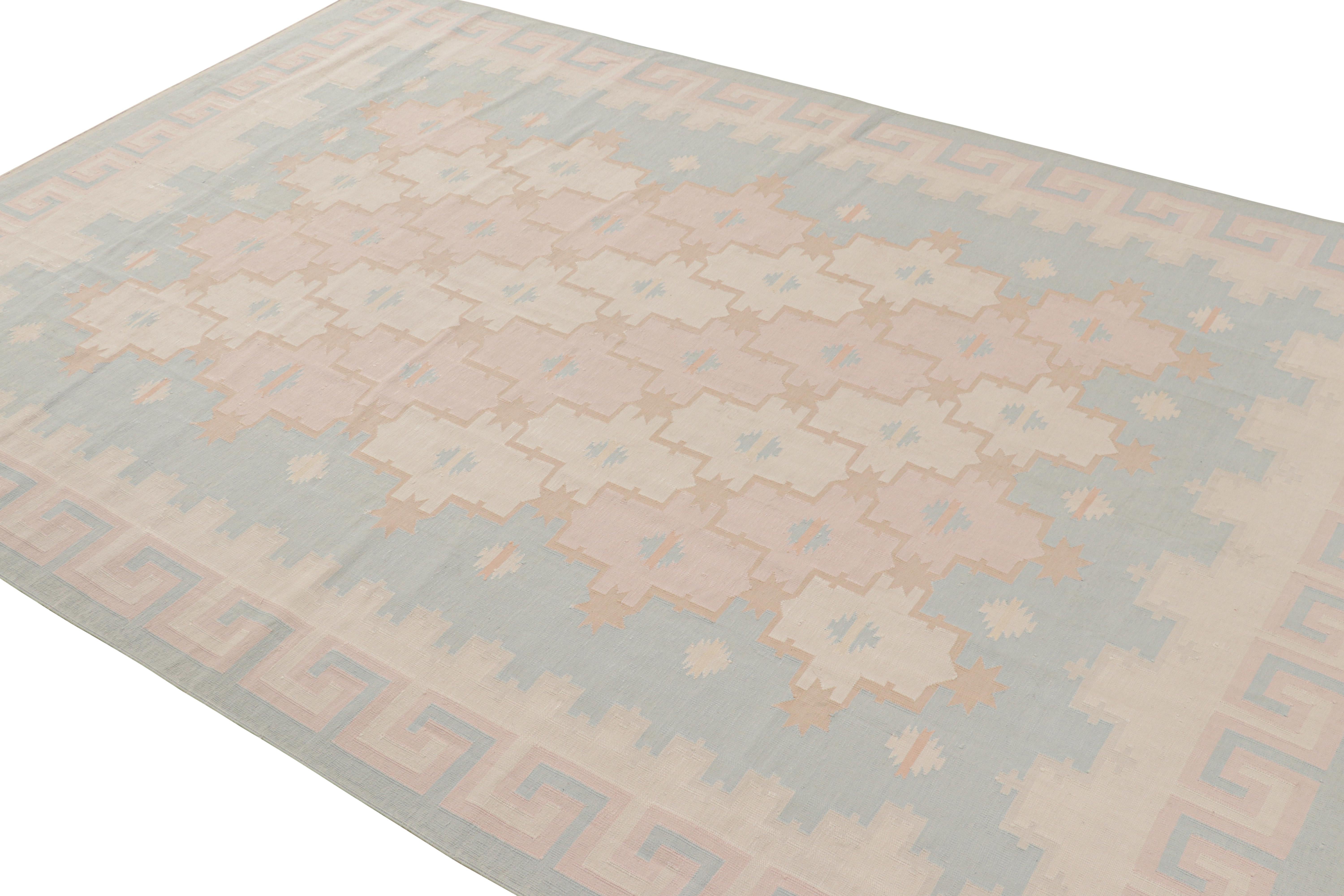 Hand-Woven Rug & Kilim’s Contemporary Dhurrie Rug in Blue, White & Pink Geometric Patterns For Sale