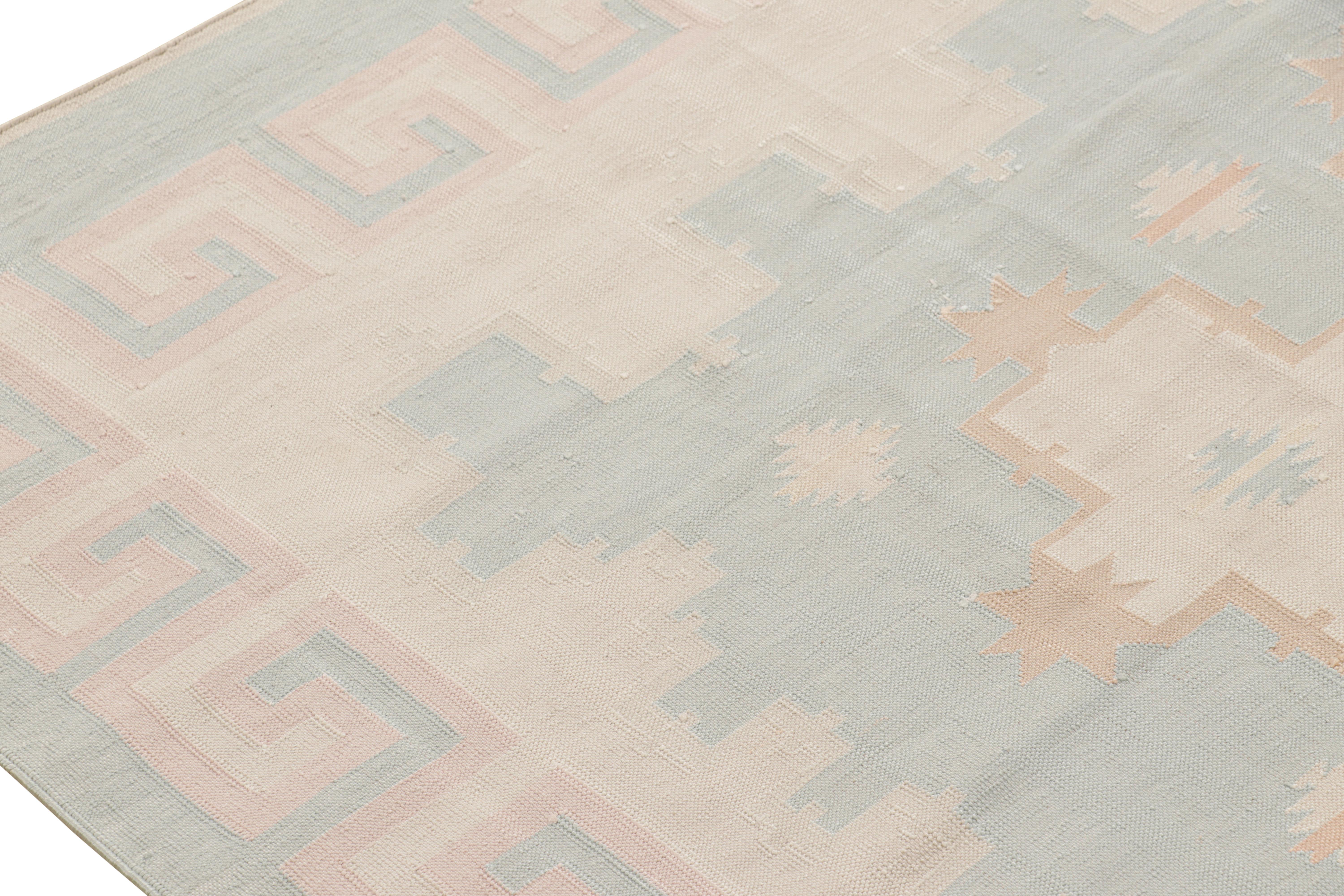 Cotton Rug & Kilim’s Contemporary Dhurrie Rug in Blue, White & Pink Geometric Patterns For Sale