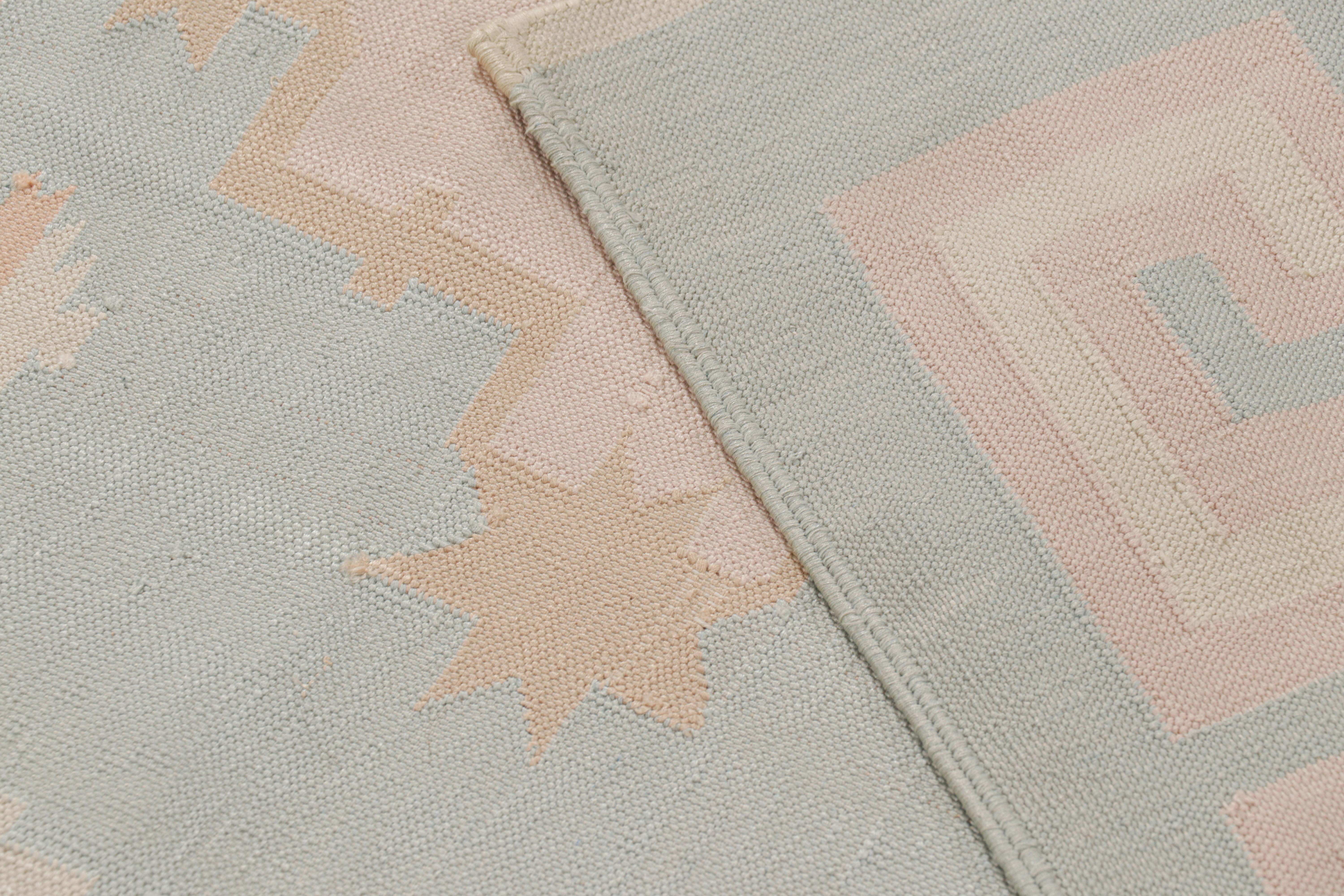 Rug & Kilim’s Contemporary Dhurrie Rug in Blue, White & Pink Geometric Patterns For Sale 1