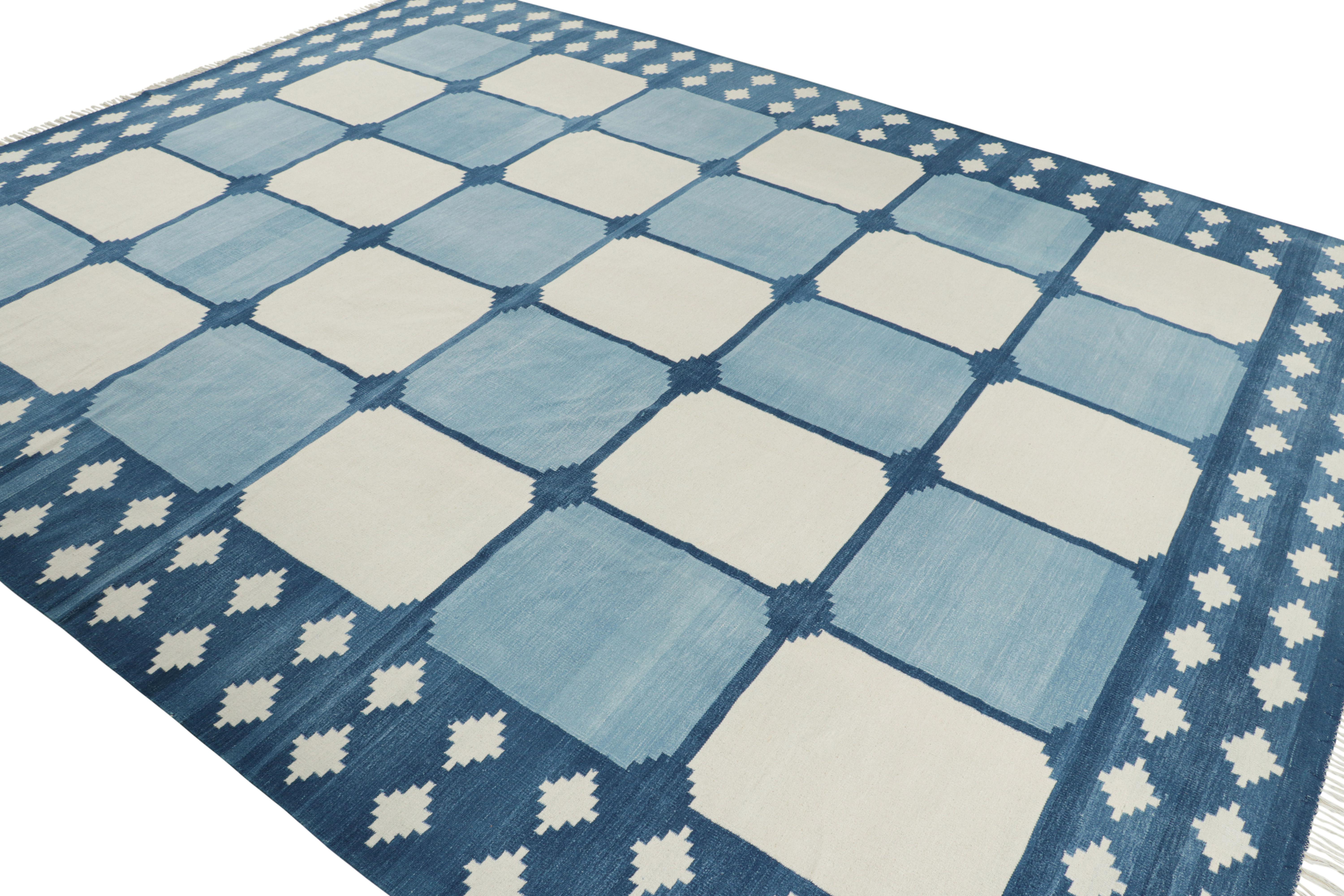 Hand-Woven Rug & Kilim’s Contemporary Dhurrie Rug in Blue with White Geometric Patterns For Sale