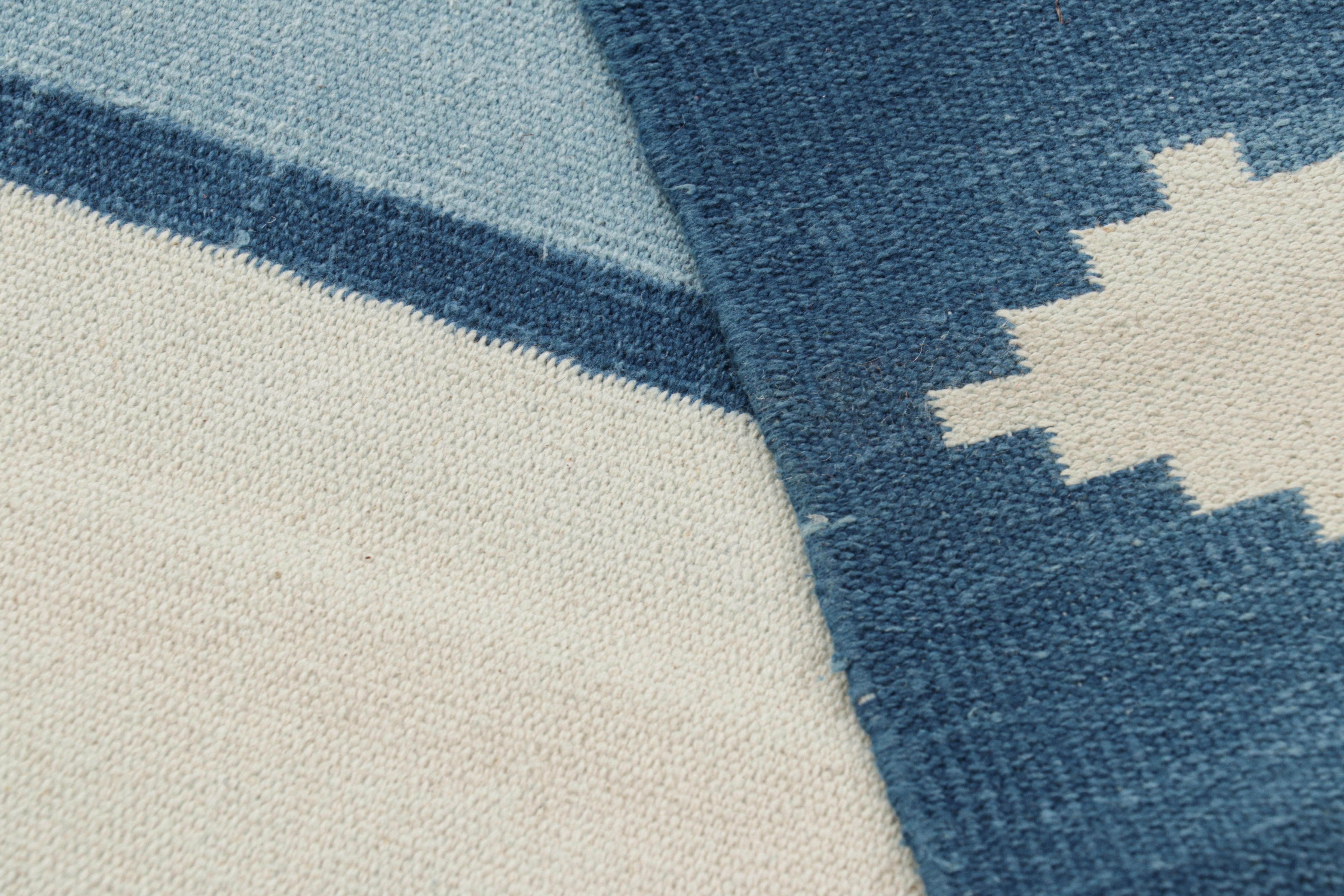 Rug & Kilim’s Contemporary Dhurrie Rug in Blue with White Geometric Patterns For Sale 1