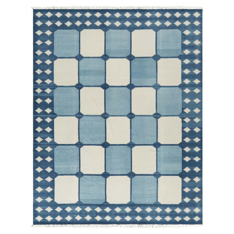 Rug and Kilim’s Contemporary Dhurrie Rug in Blue with White Geometric ...