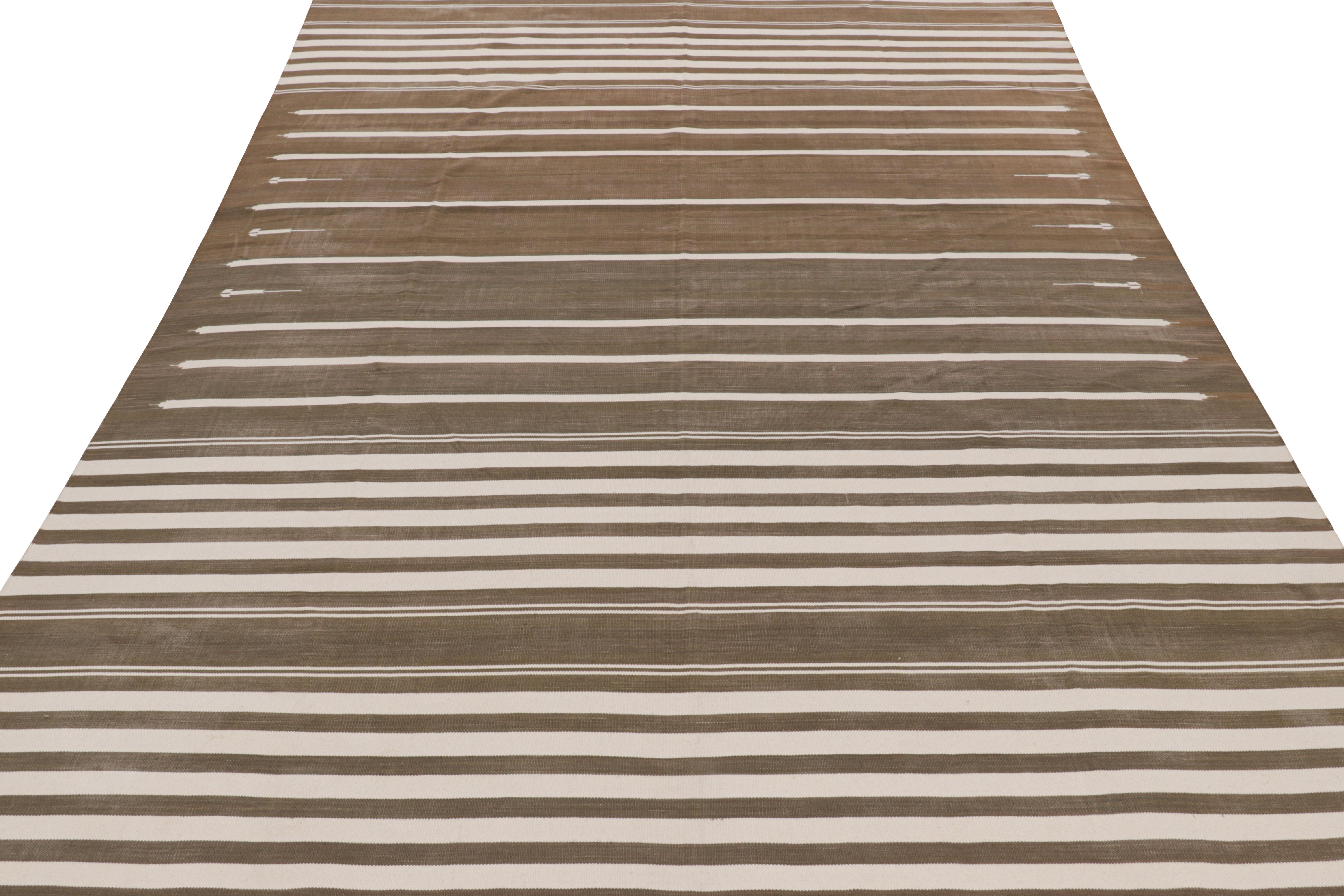 Hand-Woven Rug & Kilim’s Contemporary Dhurrie Rug in Brown and White Stripes