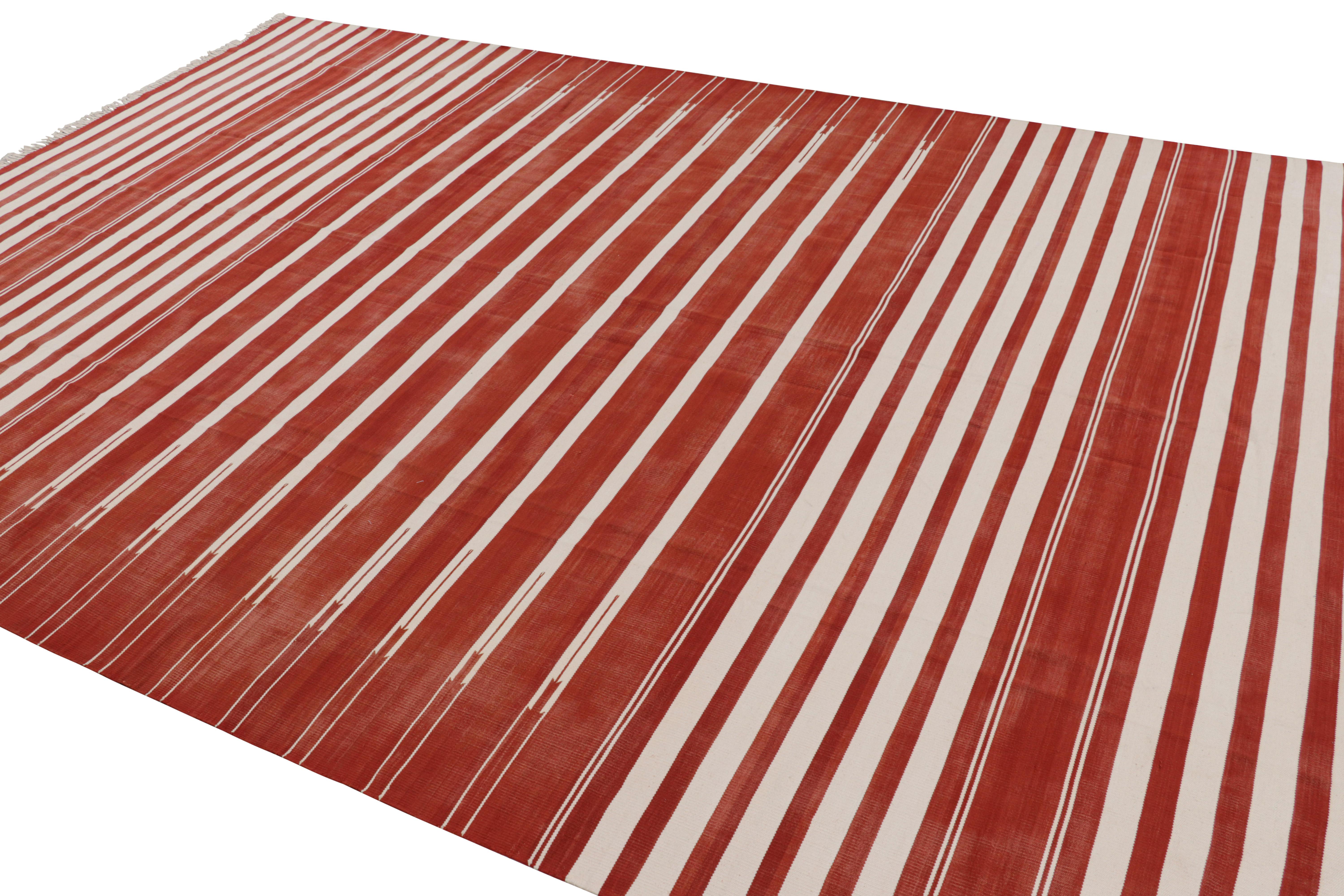 Indian Rug & Kilim’s Contemporary Dhurrie Rug in Red and White Stripes For Sale