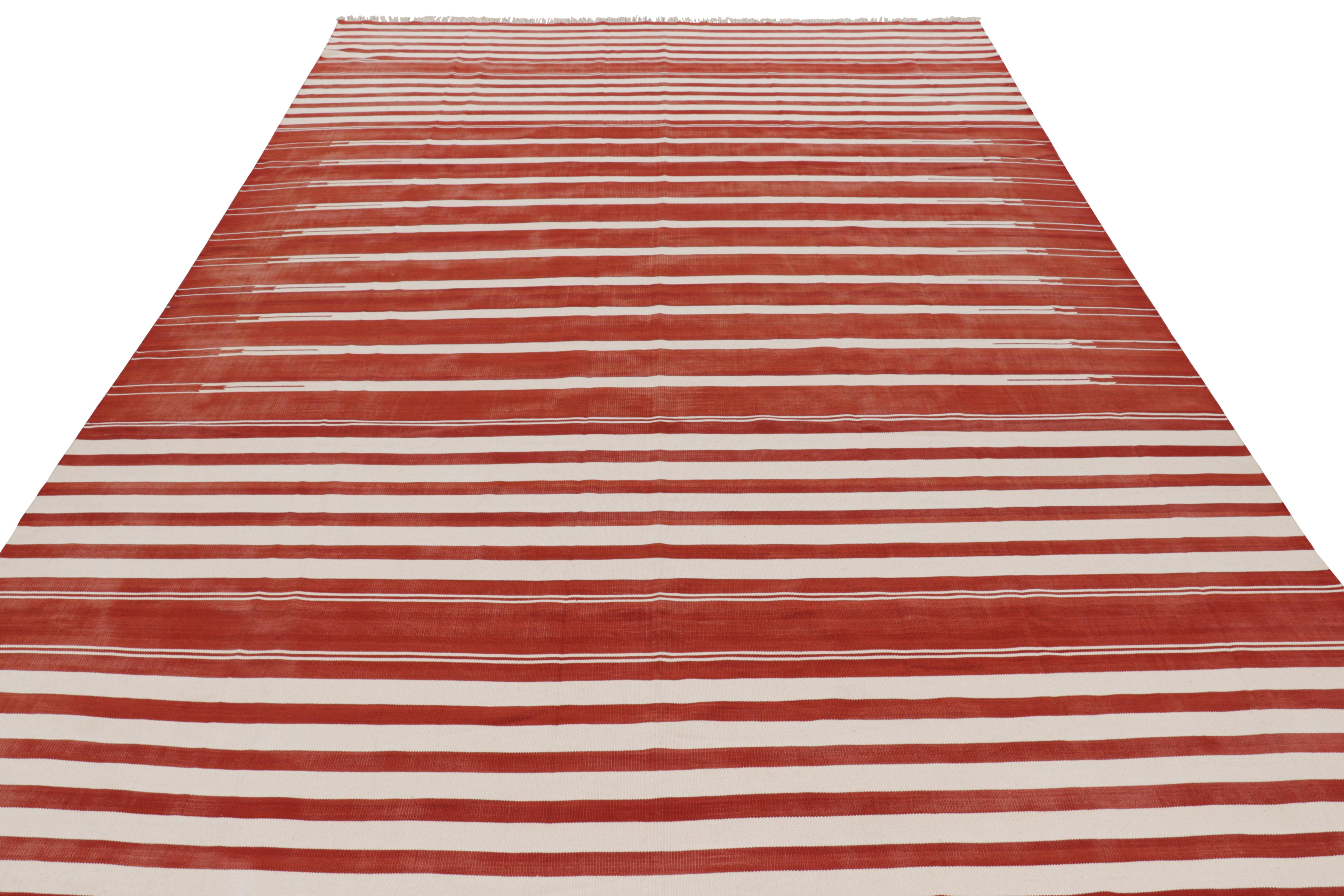 Hand-Woven Rug & Kilim’s Contemporary Dhurrie Rug in Red and White Stripes For Sale