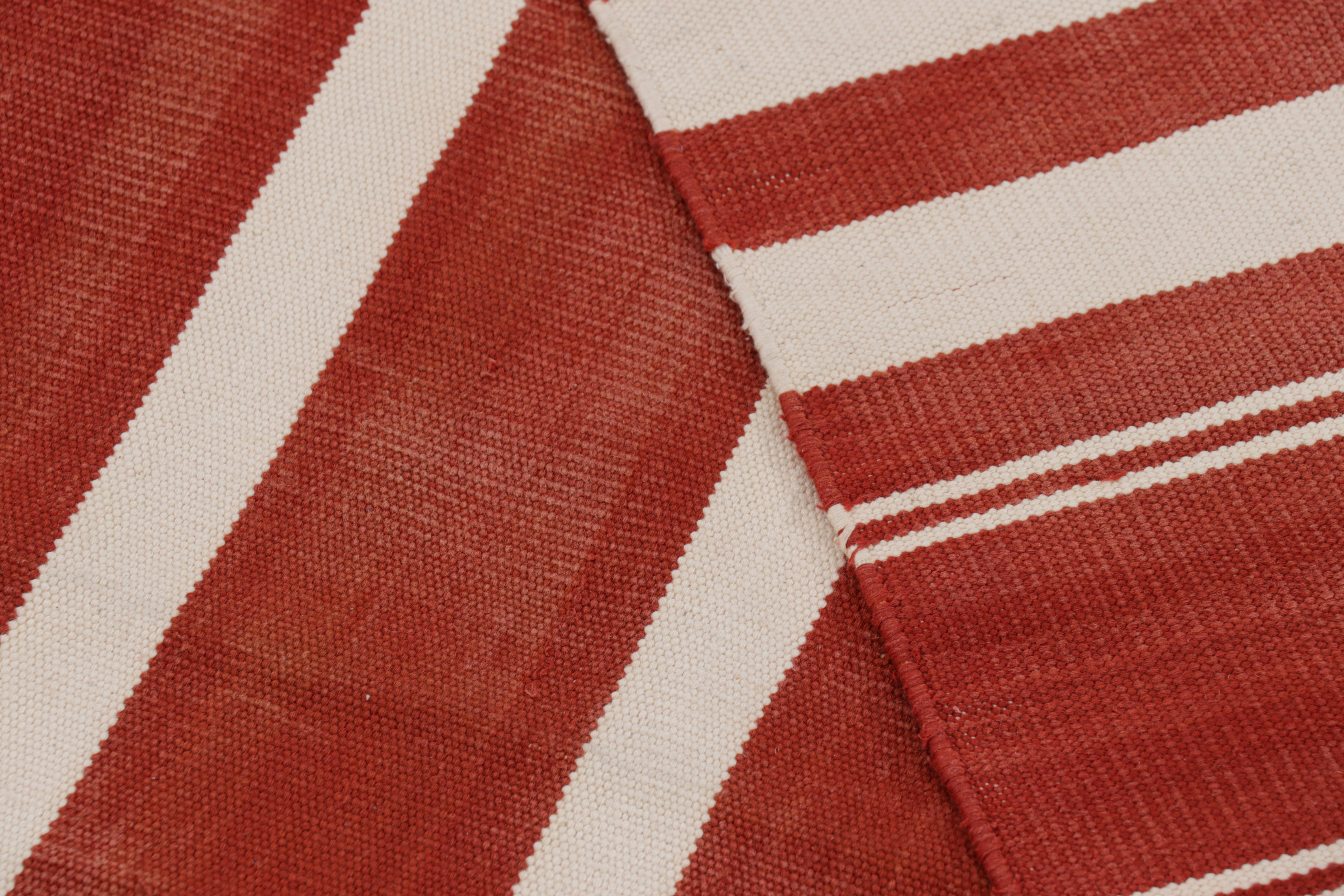 Cotton Rug & Kilim’s Contemporary Dhurrie Rug in Red and White Stripes For Sale