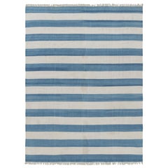 Rug & Kilim’s Contemporary Dhurrie Rug in White and Navy Blue Stripes