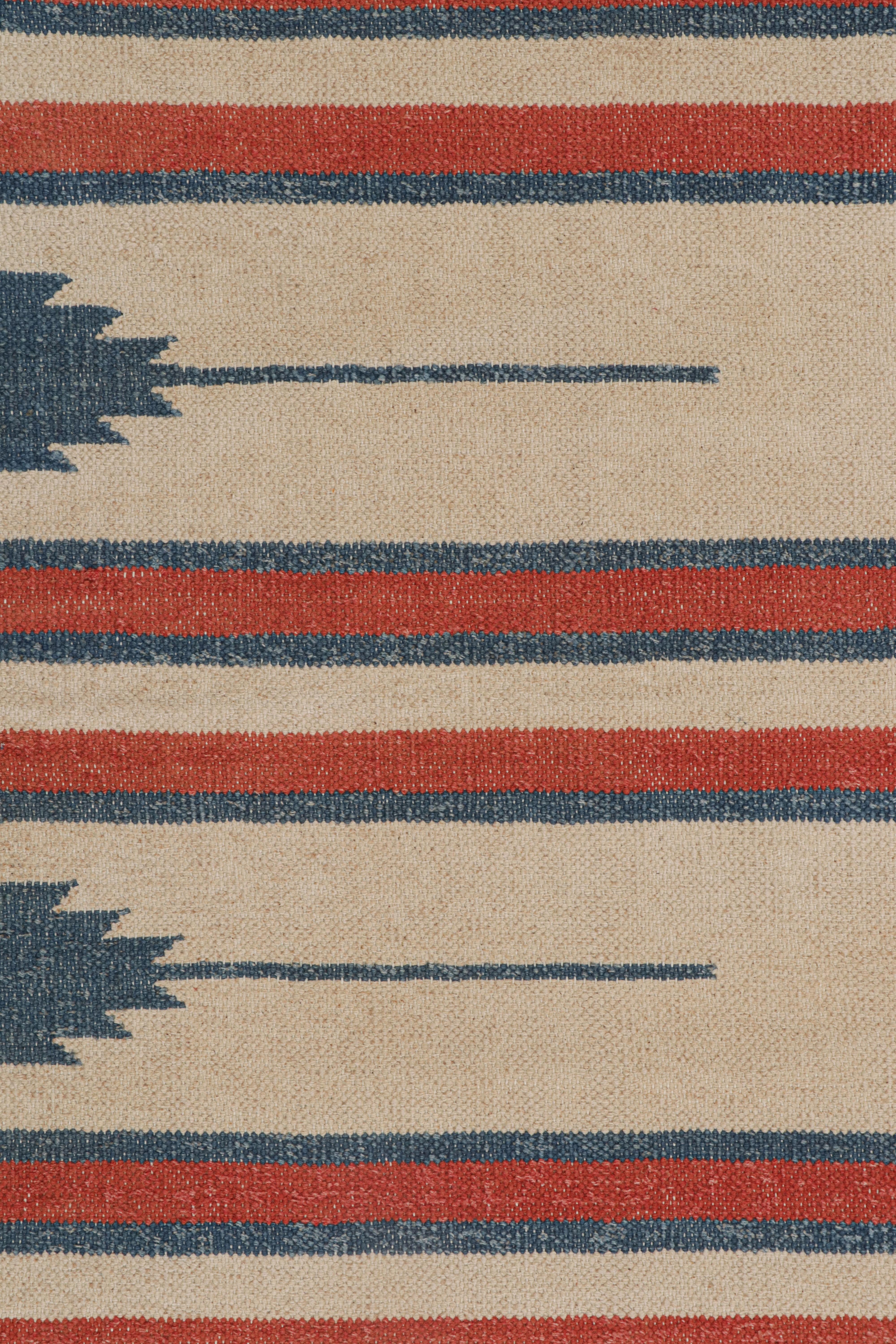 Modern Rug & Kilim’s Contemporary Dhurrie Rug with Beige, Red, Blue Stripes Red Accents For Sale