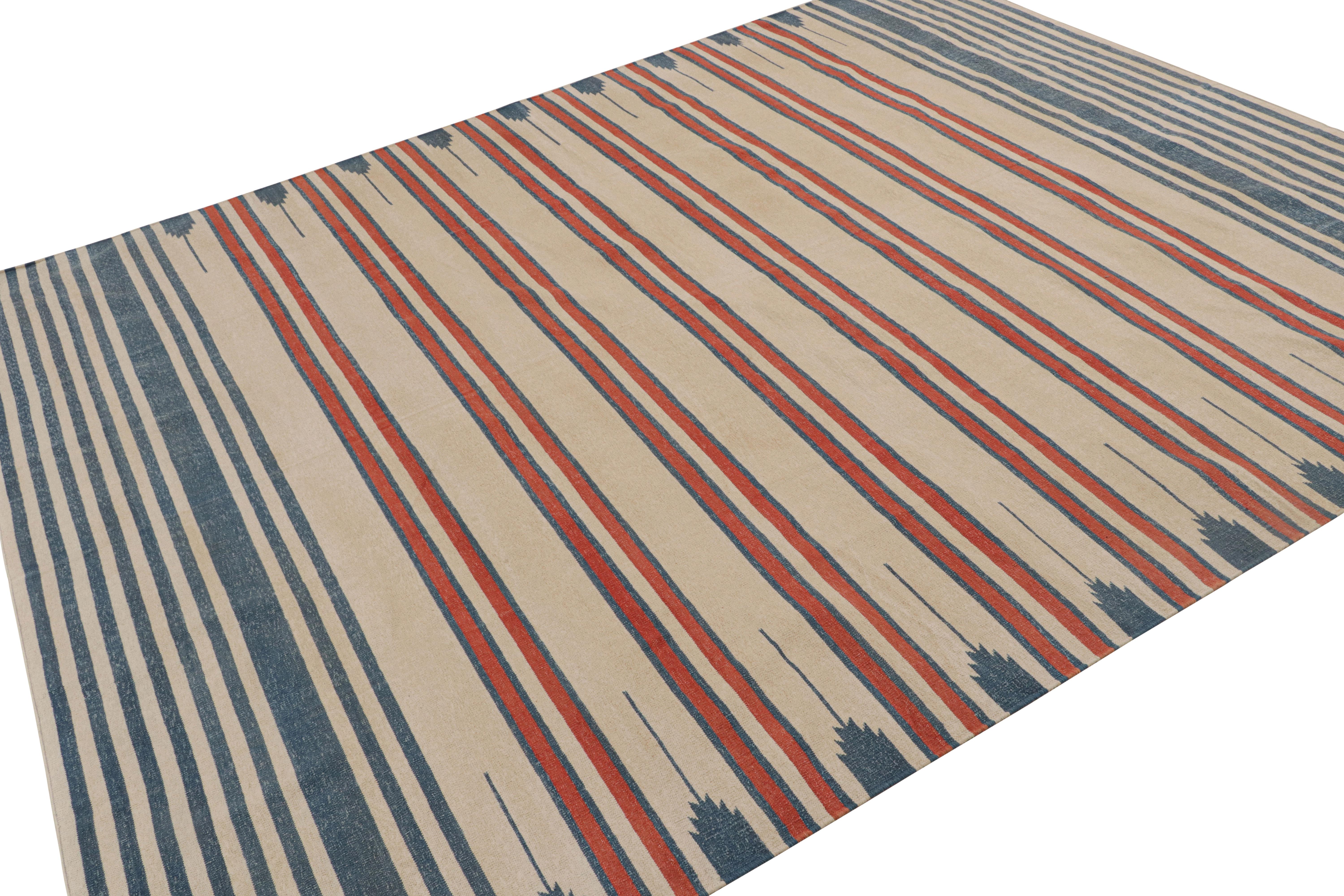Indian Rug & Kilim’s Contemporary Dhurrie Rug with Beige, Red, Blue Stripes Red Accents For Sale