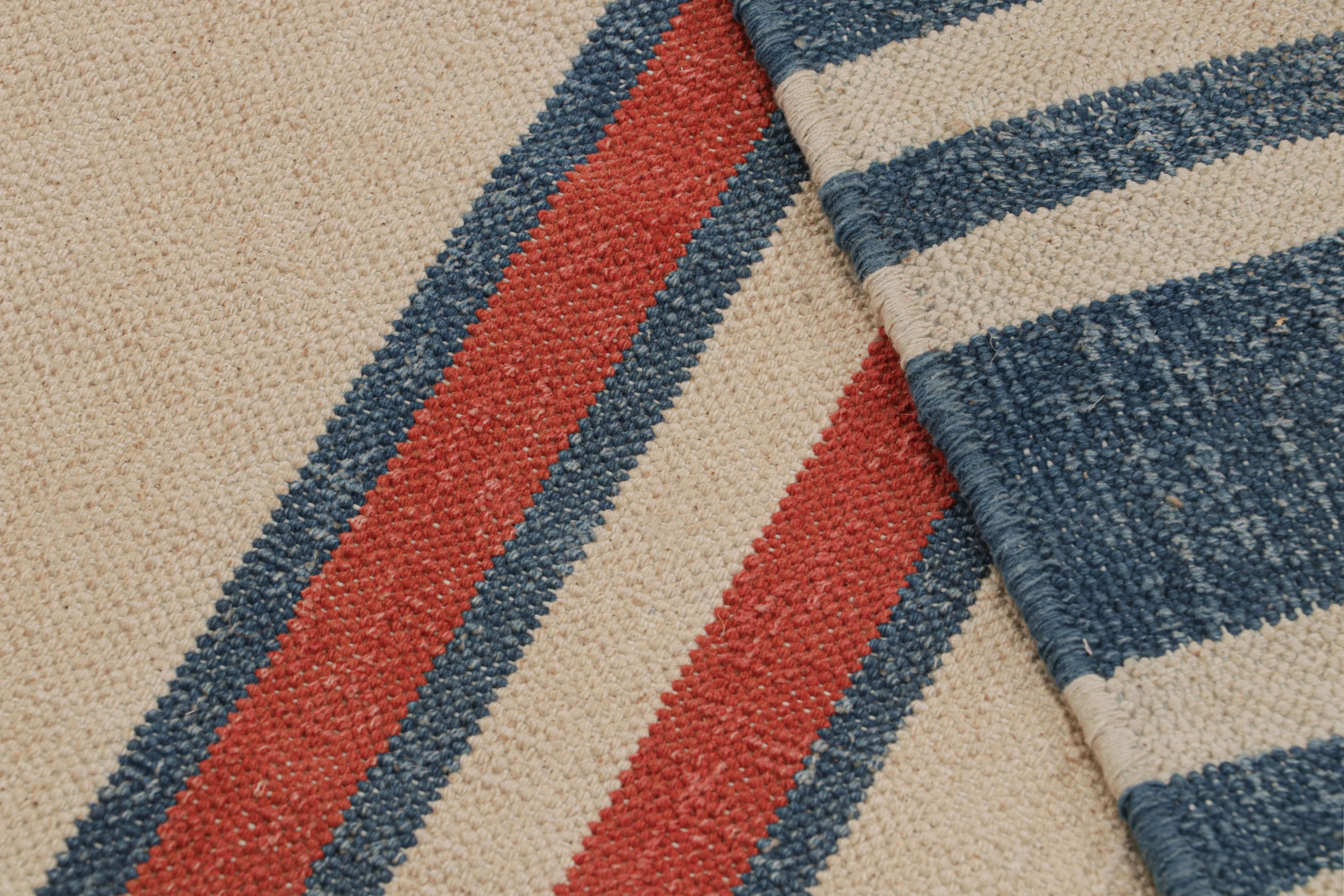Wool Rug & Kilim’s Contemporary Dhurrie Rug with Beige, Red, Blue Stripes Red Accents For Sale