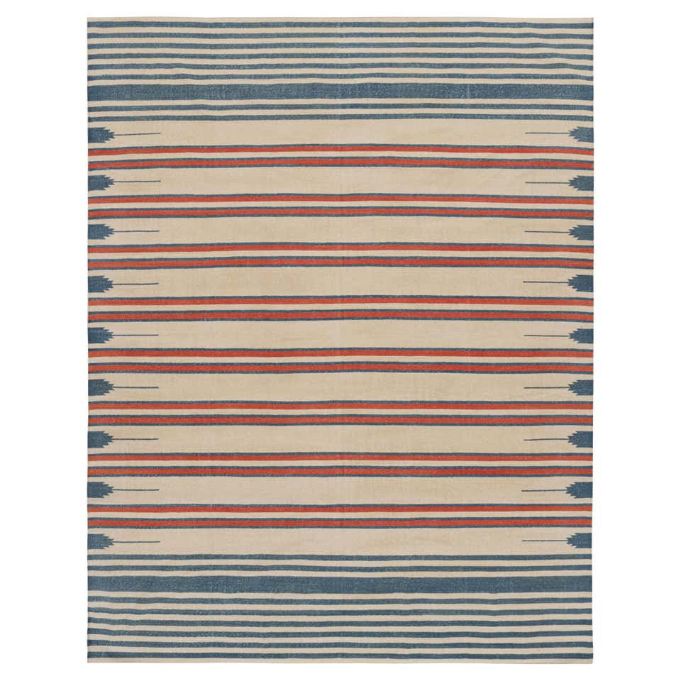 Rug and Kilim’s Contemporary Dhurrie Rug with Blue Stripes and Red ...