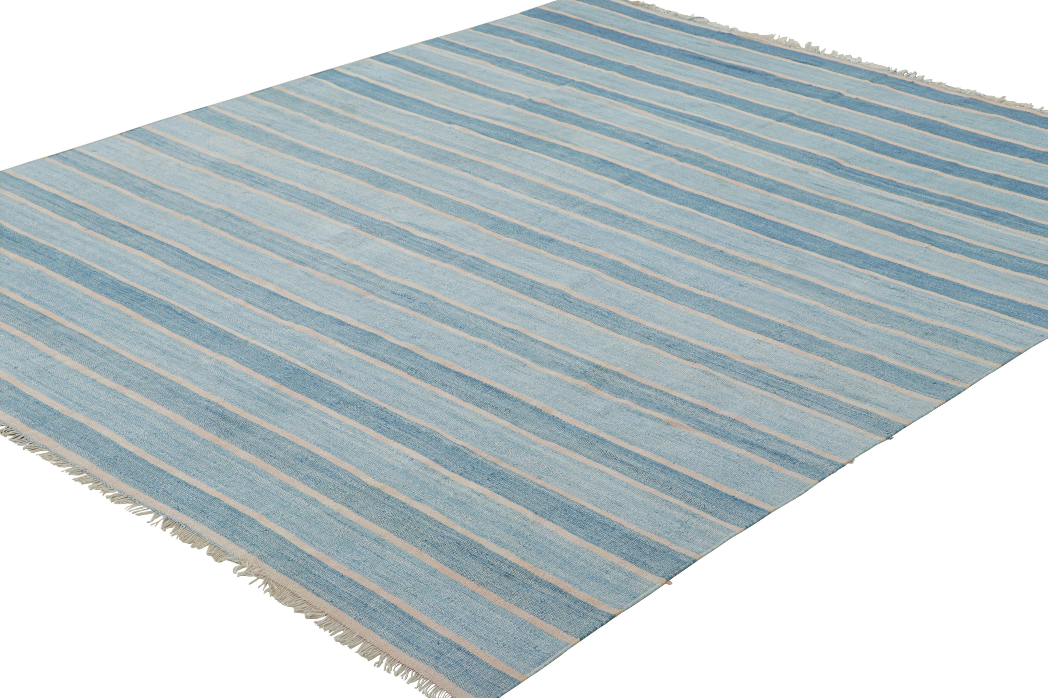 Indian Vintage Dhurrie Rug with Blue Stripes and Cream White Accents - Rug & Kilim For Sale