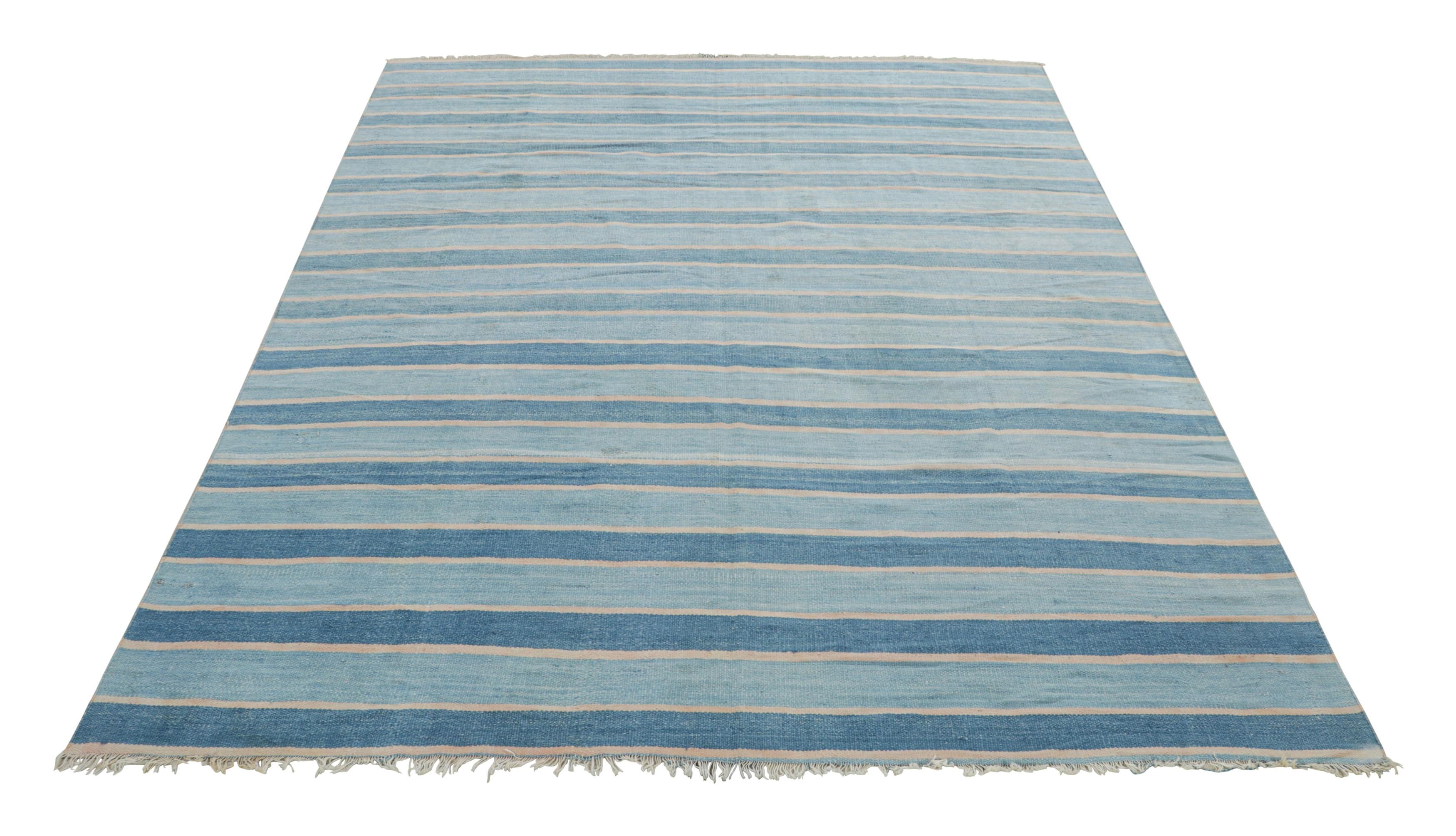 Hand-Woven Vintage Dhurrie Rug with Blue Stripes and Cream White Accents - Rug & Kilim For Sale