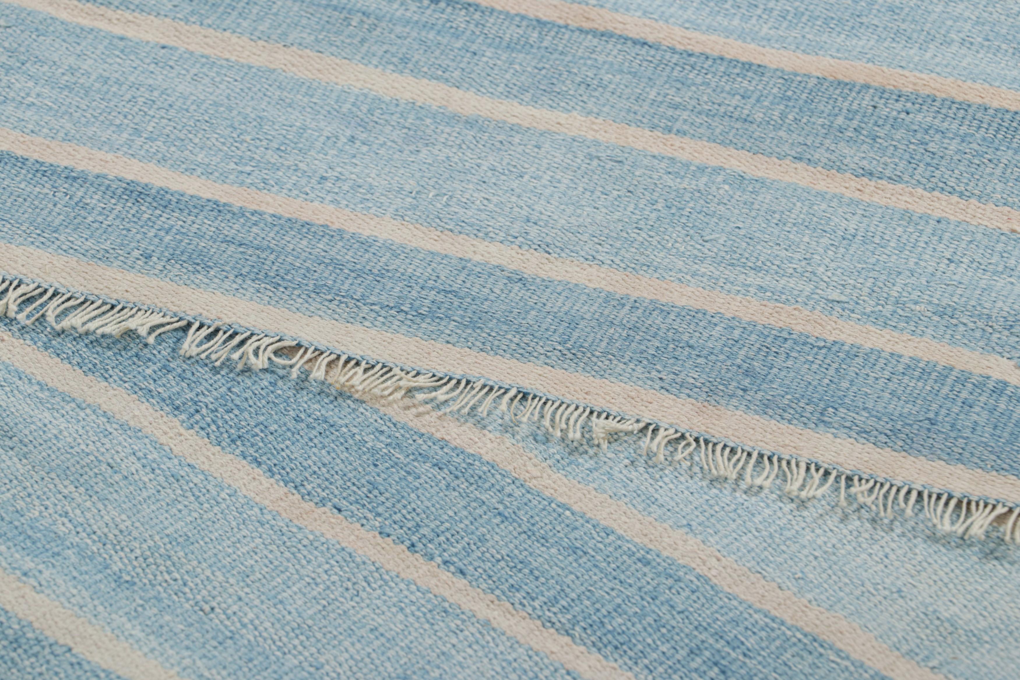 Contemporary Vintage Dhurrie Rug with Blue Stripes and Cream White Accents - Rug & Kilim For Sale