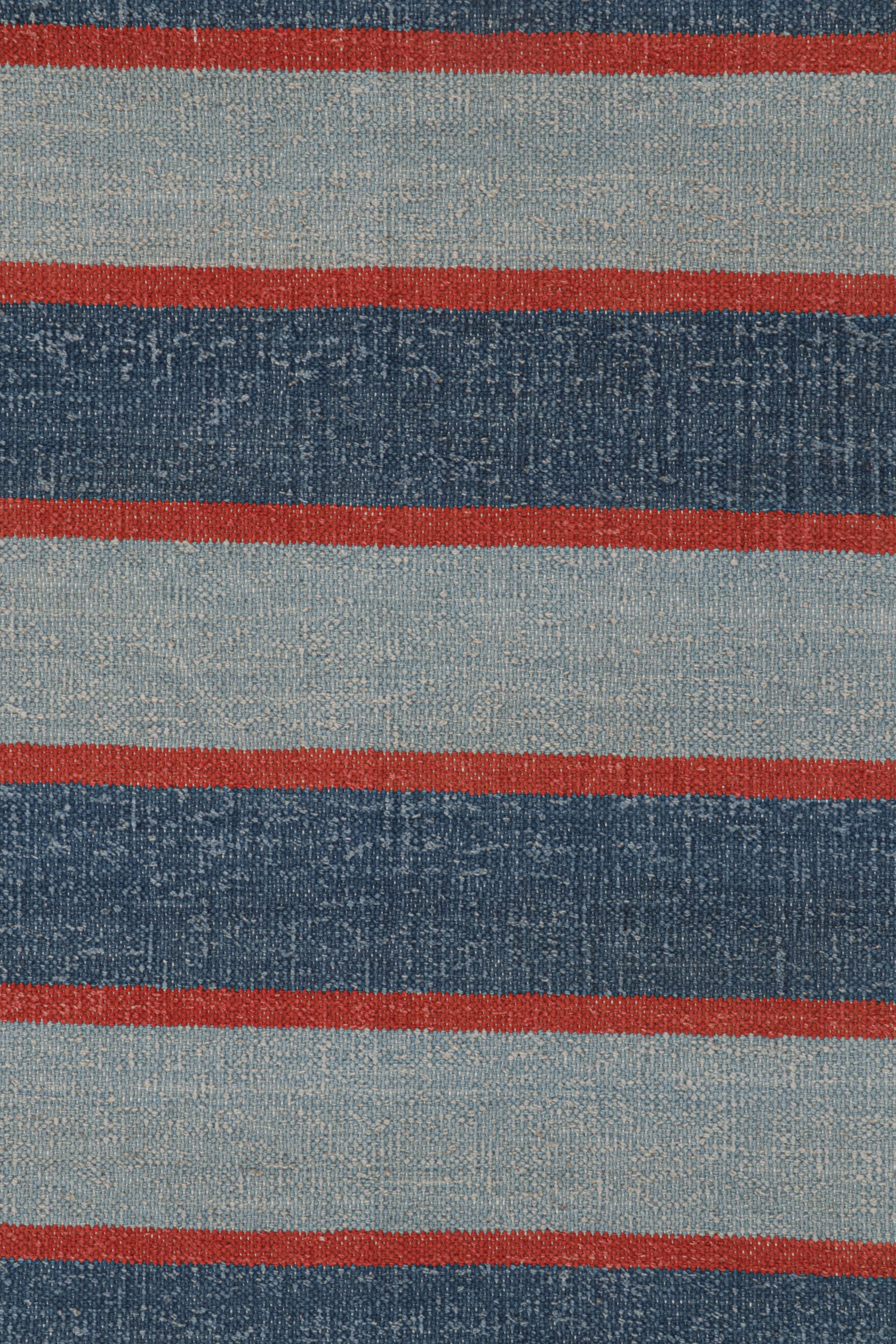 Modern Rug & Kilim’s Contemporary Dhurrie Rug with Blue Stripes and Red Accents For Sale