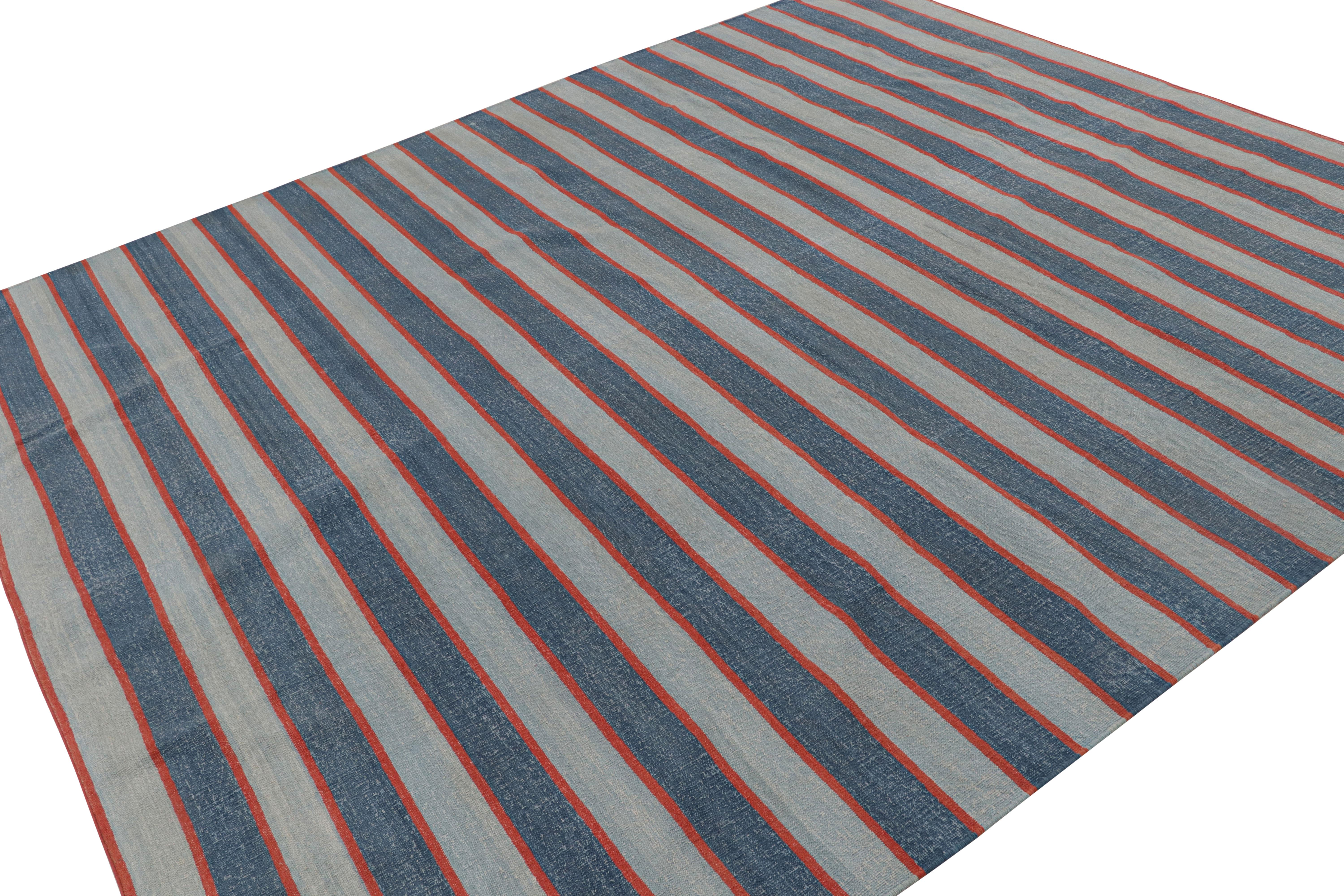 Indian Rug & Kilim’s Contemporary Dhurrie Rug with Blue Stripes and Red Accents For Sale
