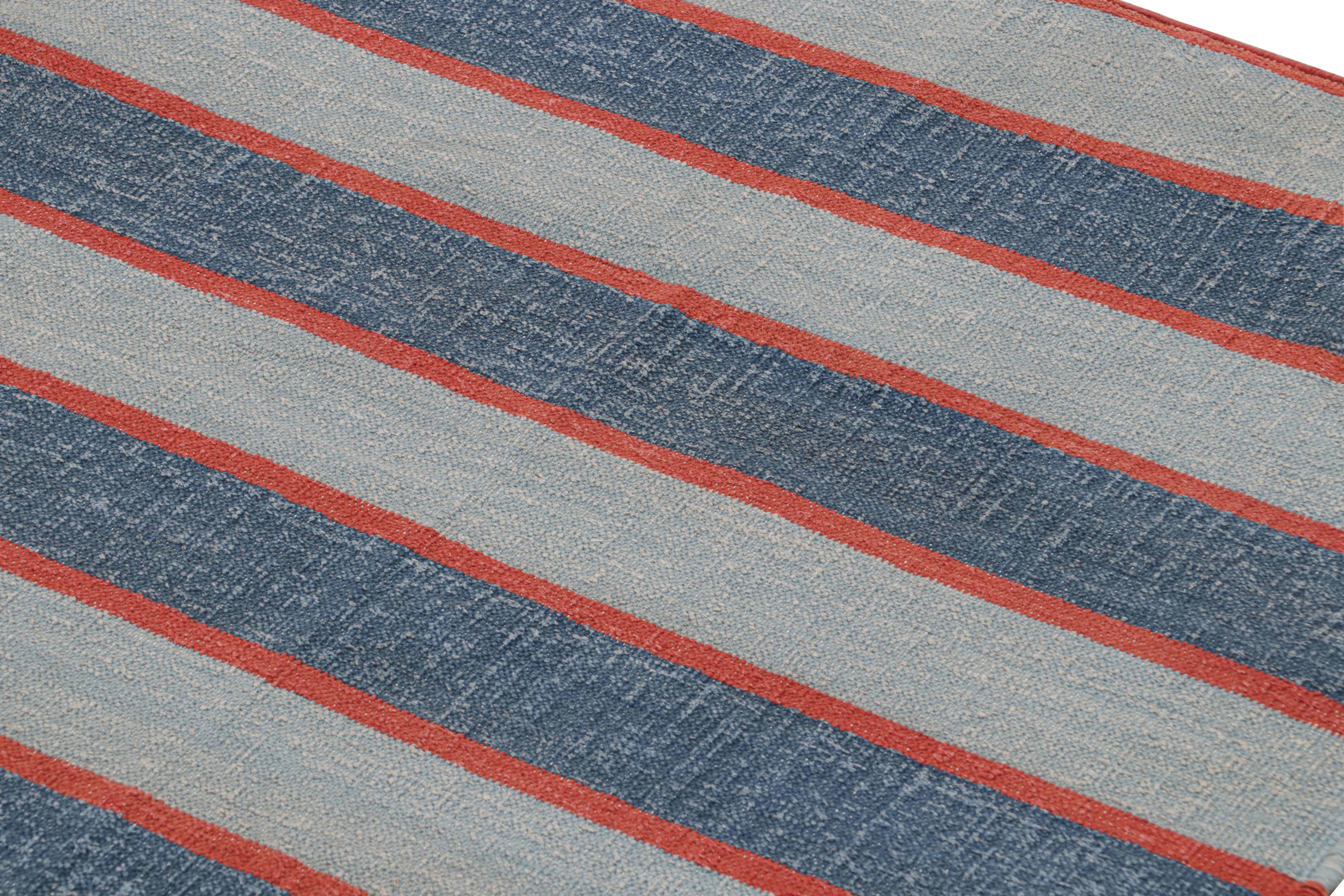 Rug & Kilim’s Contemporary Dhurrie Rug with Blue Stripes and Red Accents In New Condition For Sale In Long Island City, NY