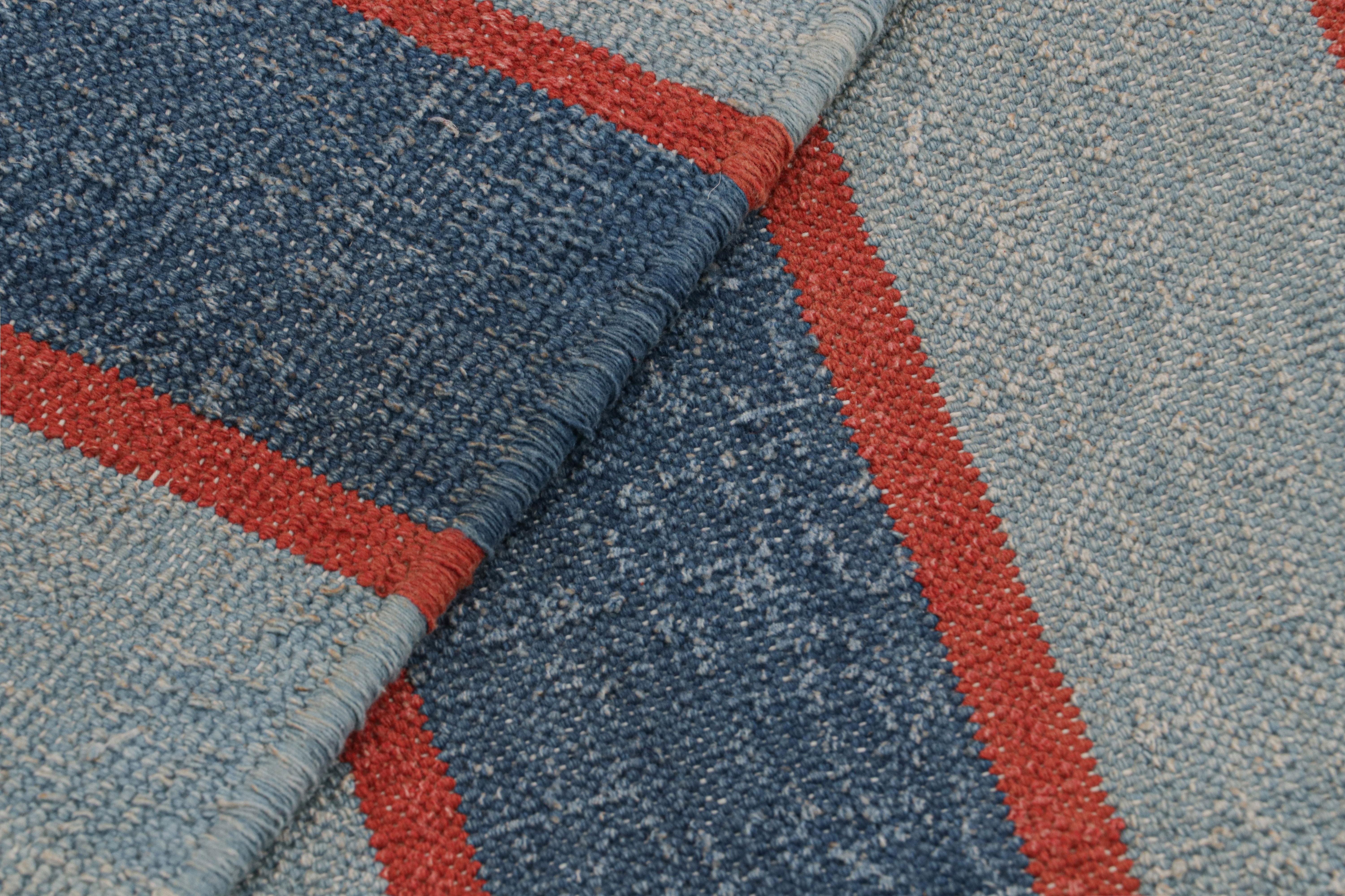 Wool Rug & Kilim’s Contemporary Dhurrie Rug with Blue Stripes and Red Accents For Sale