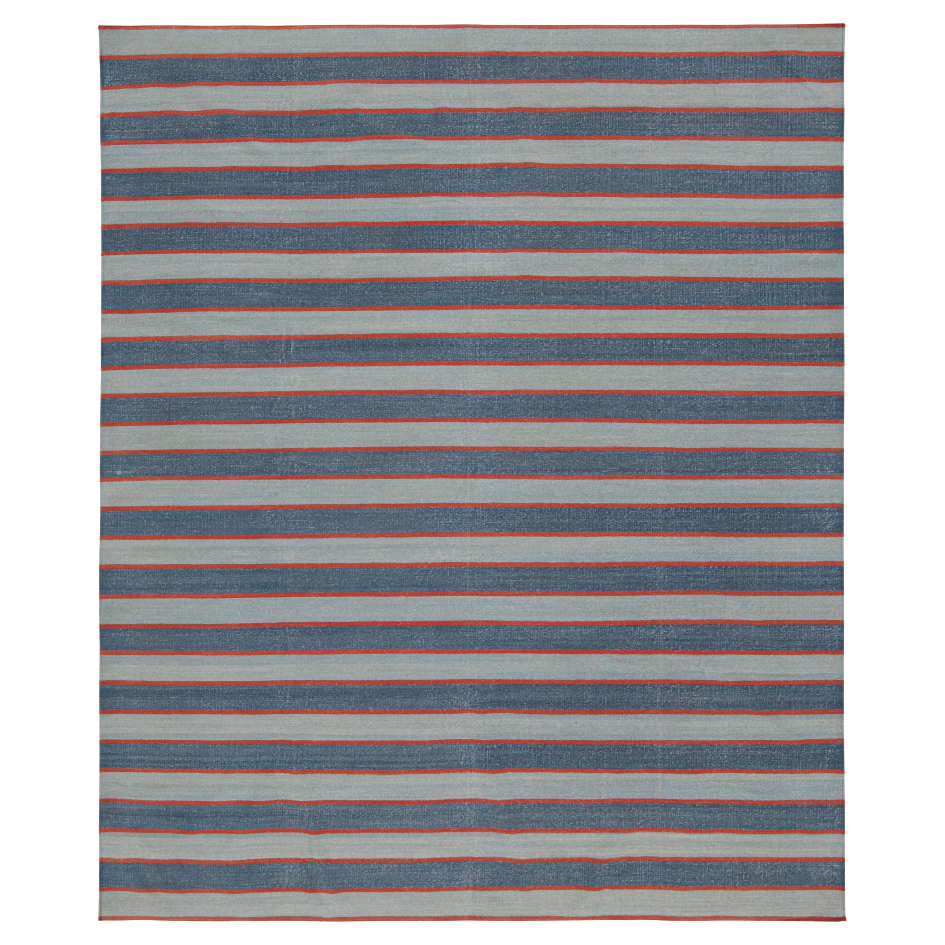 Rug & Kilim’s Contemporary Dhurrie Rug with Blue Stripes and Red Accents For Sale