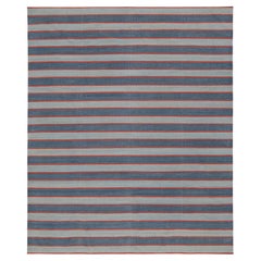 Rug & Kilim’s Contemporary Dhurrie Rug with Blue Stripes and Red Accents