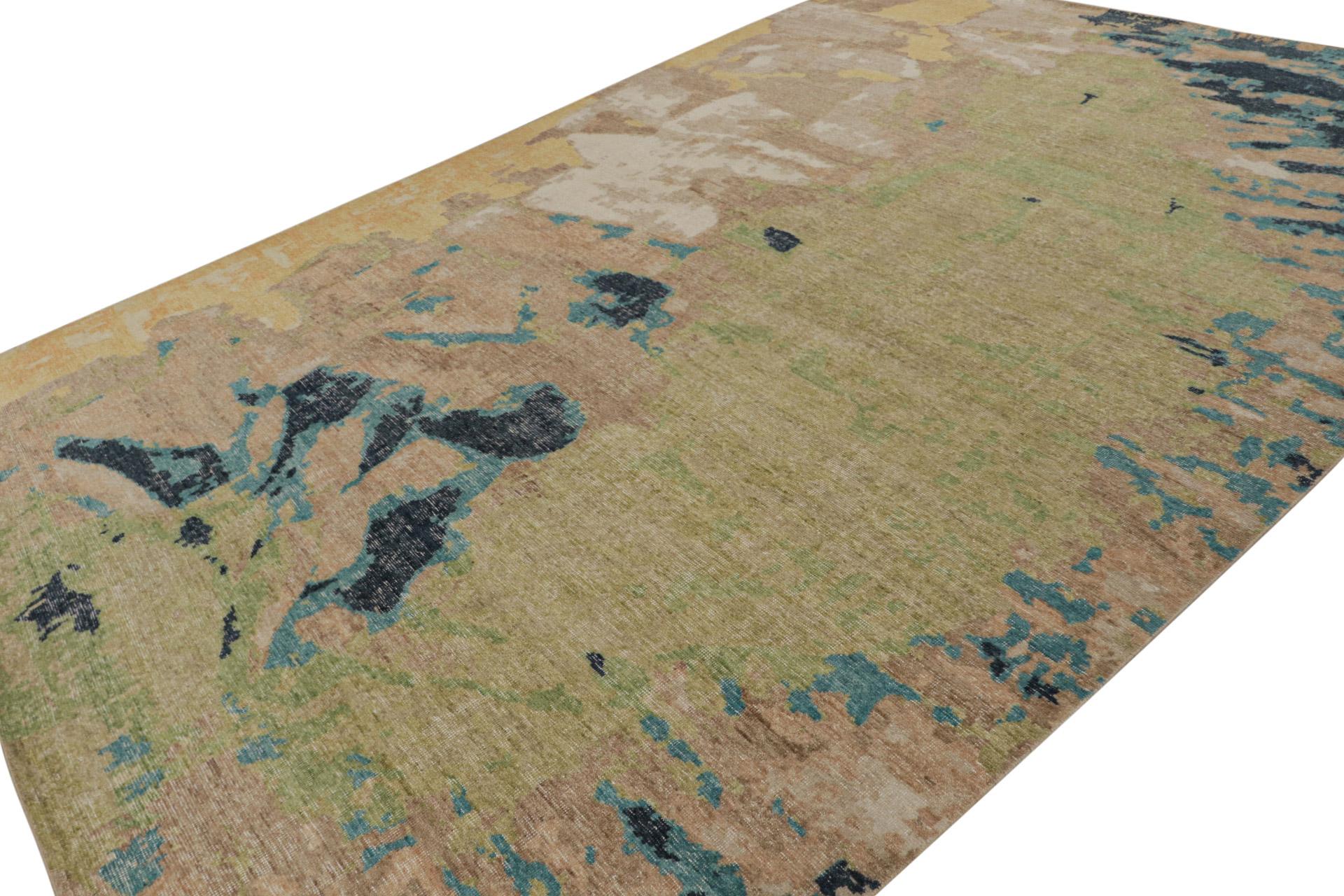 Hand-knotted in wool, this 10x14 modern rug, draws on abstract expressionist themes with a look like a watercolor, favors beiges, greens, blues and complementary tones in between—able to brighten any space. 

On the Design: 

This design evokes a
