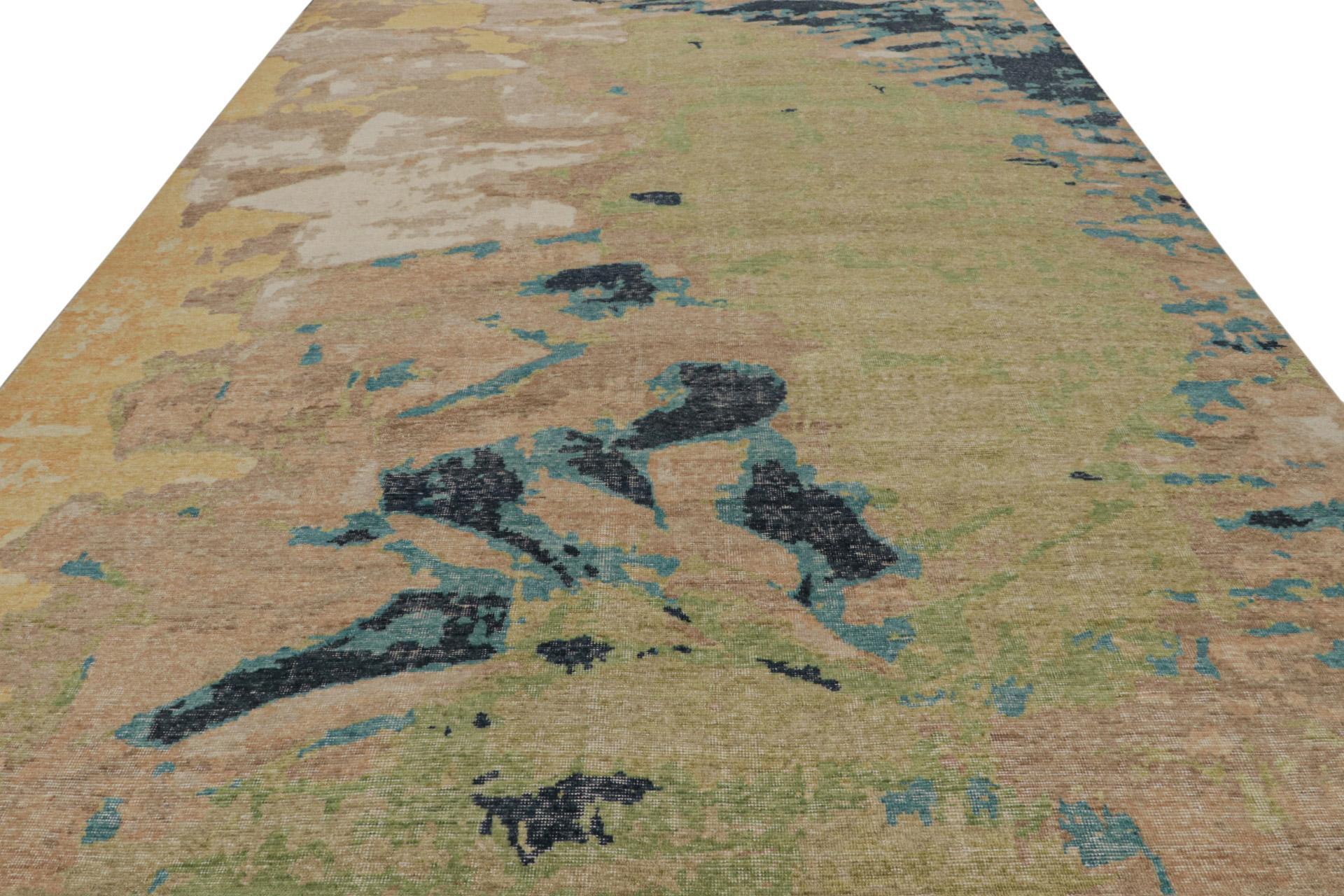 Modern Rug & Kilim’s Contemporary Distressed Abstract Rug In Beige, Blue and Green For Sale