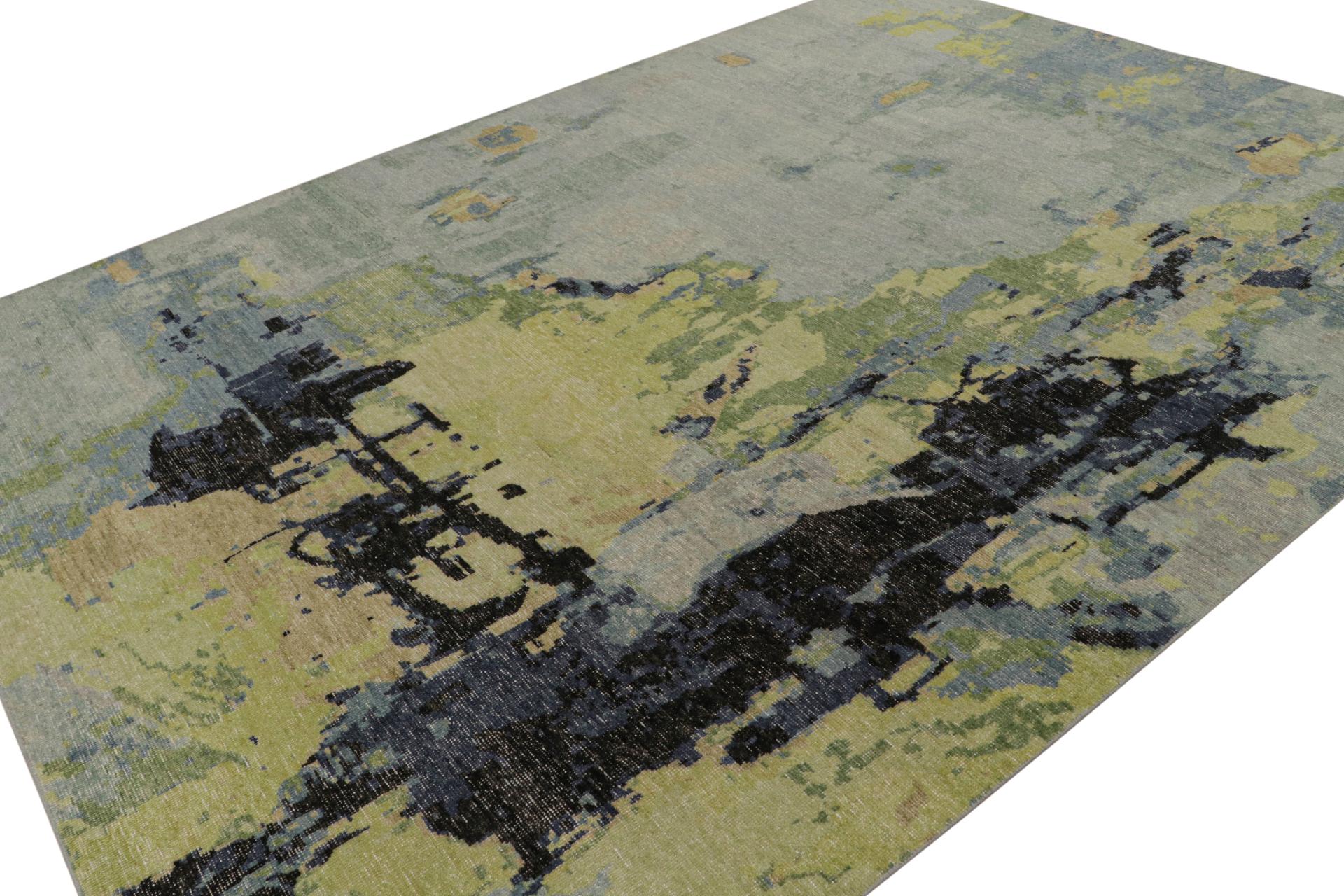 Hand-knotted in wool, this 9x12 modern rug, draws on abstract expressionist themes with a look like a watercolor, favors greens, blues and complementary tones in between—able to brighten any space. 

On the Design: 

This design evokes a fluid play