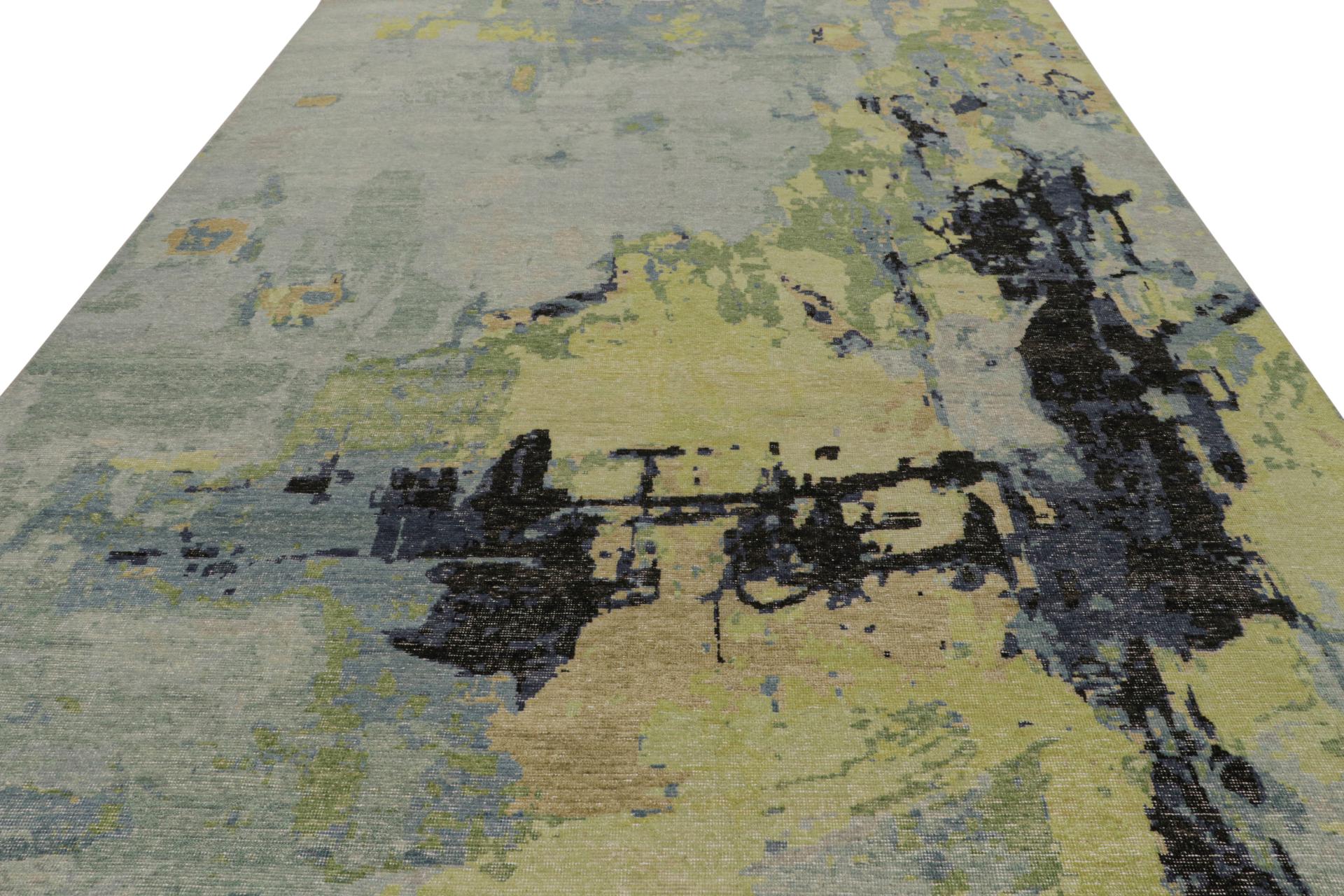 Modern Rug & Kilim’s Contemporary Distressed Abstract Rug In Blue and Green For Sale