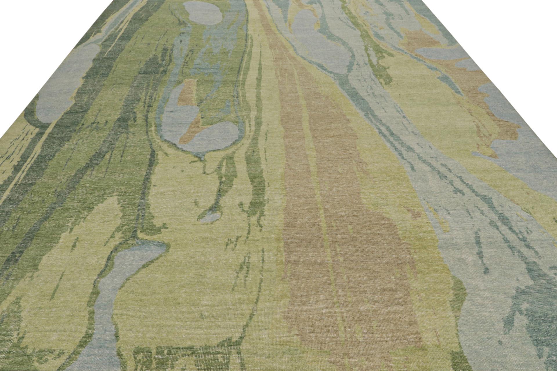 Modern Rug & Kilim’s Contemporary Distressed Abstract Rug In Blue and Green For Sale