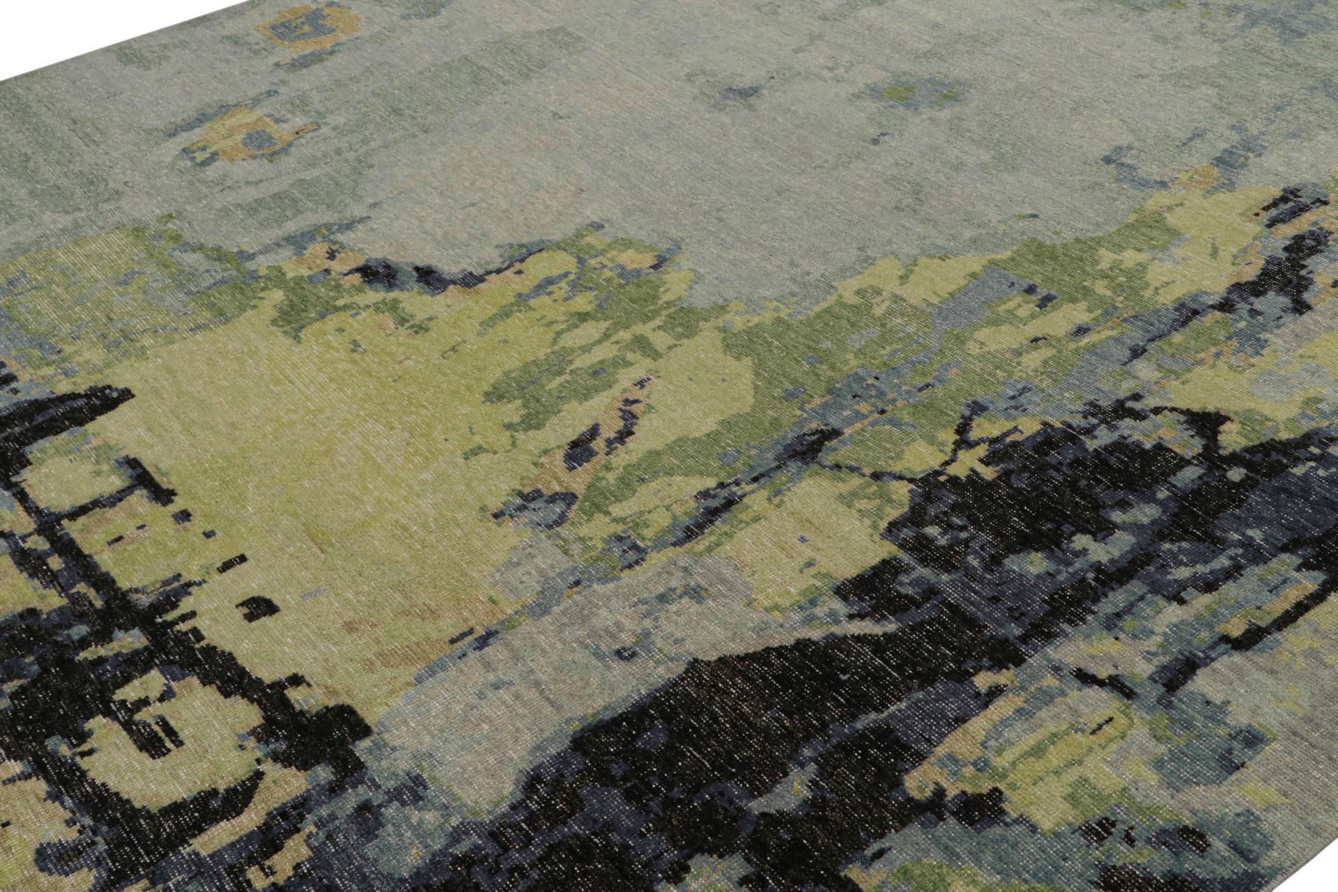 Indiano Rug & Kilim - Tappeto astratto contemporaneo con effetto distressed in blu e verde in vendita