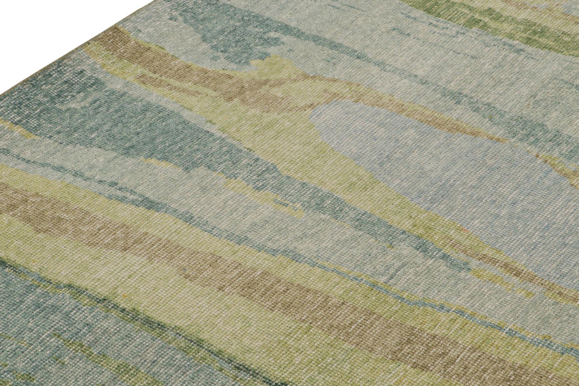Hand-Knotted Rug & Kilim’s Contemporary Distressed Abstract Rug In Blue and Green For Sale