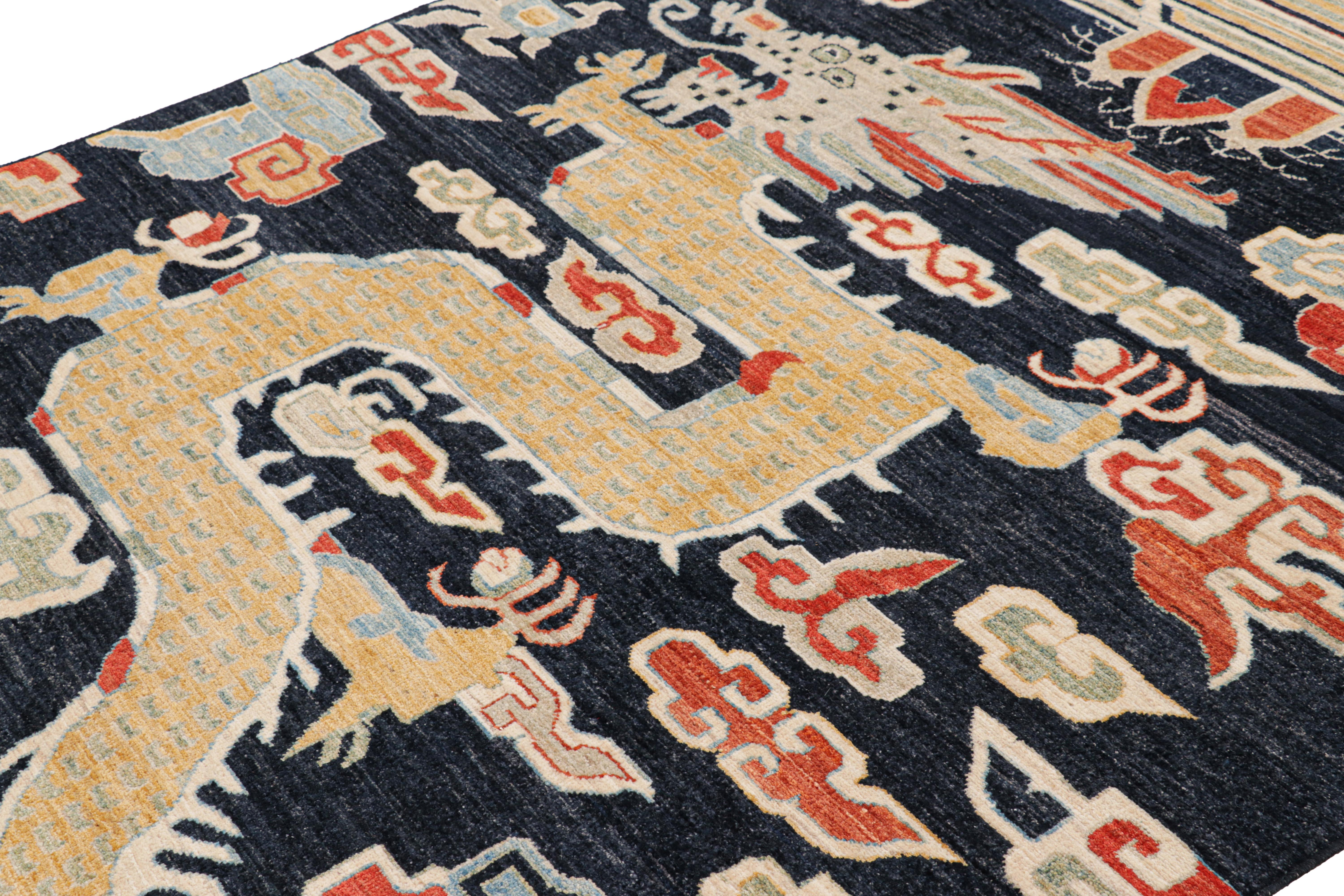 Hand-knotted in wool, this 6x9 modern dragon rug is a bold addition to the Rug & Kilim exclusive pictorial rug line.  

On the Design: 

An exemplary drawing with pictorial representation of a dragon soaring through the clouds above a temple enjoys